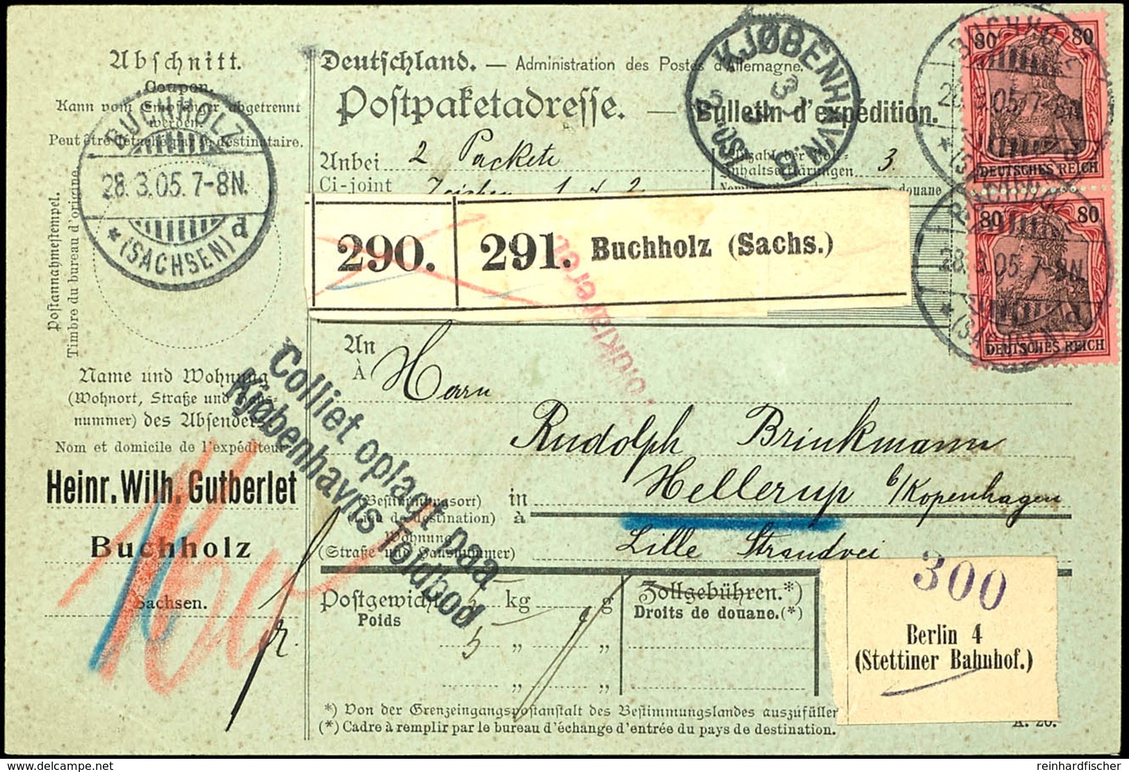 80 Pfg Germania Ohne Wz., Senkrechtes Paar Auf Paketkarte Von KGS "BUCHHOLZ 28.3.05" Nach Hellerup / Dänemark Mit Ankunf - Other & Unclassified