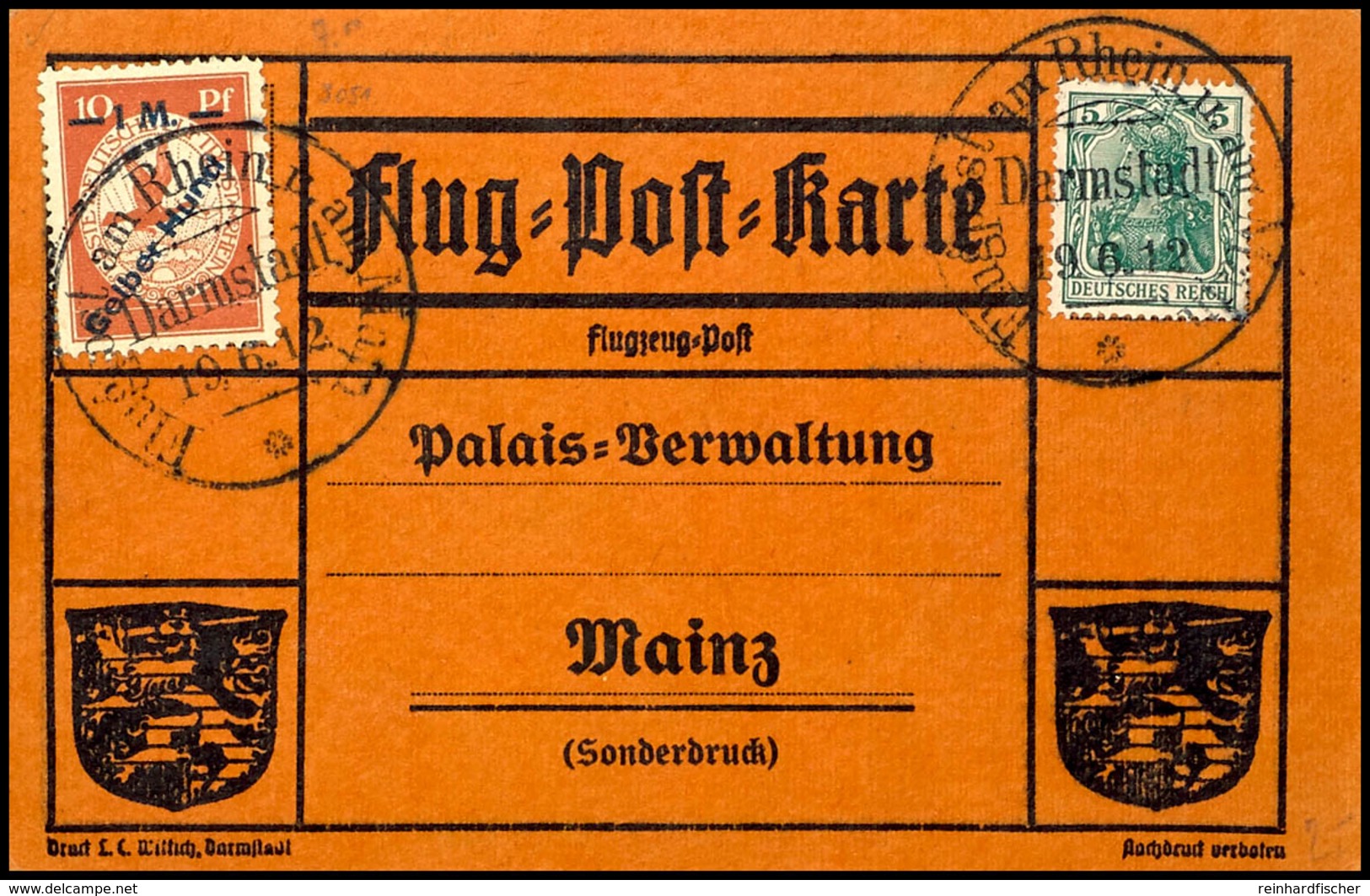 1 M. Auf 10 Pfg Flugpost Rhein/Main "Gelber Hund" Zusammen Mit 5 Pfg Germania Auf Flugpostkarte Von "Flugpost Am Rhein U - Other & Unclassified