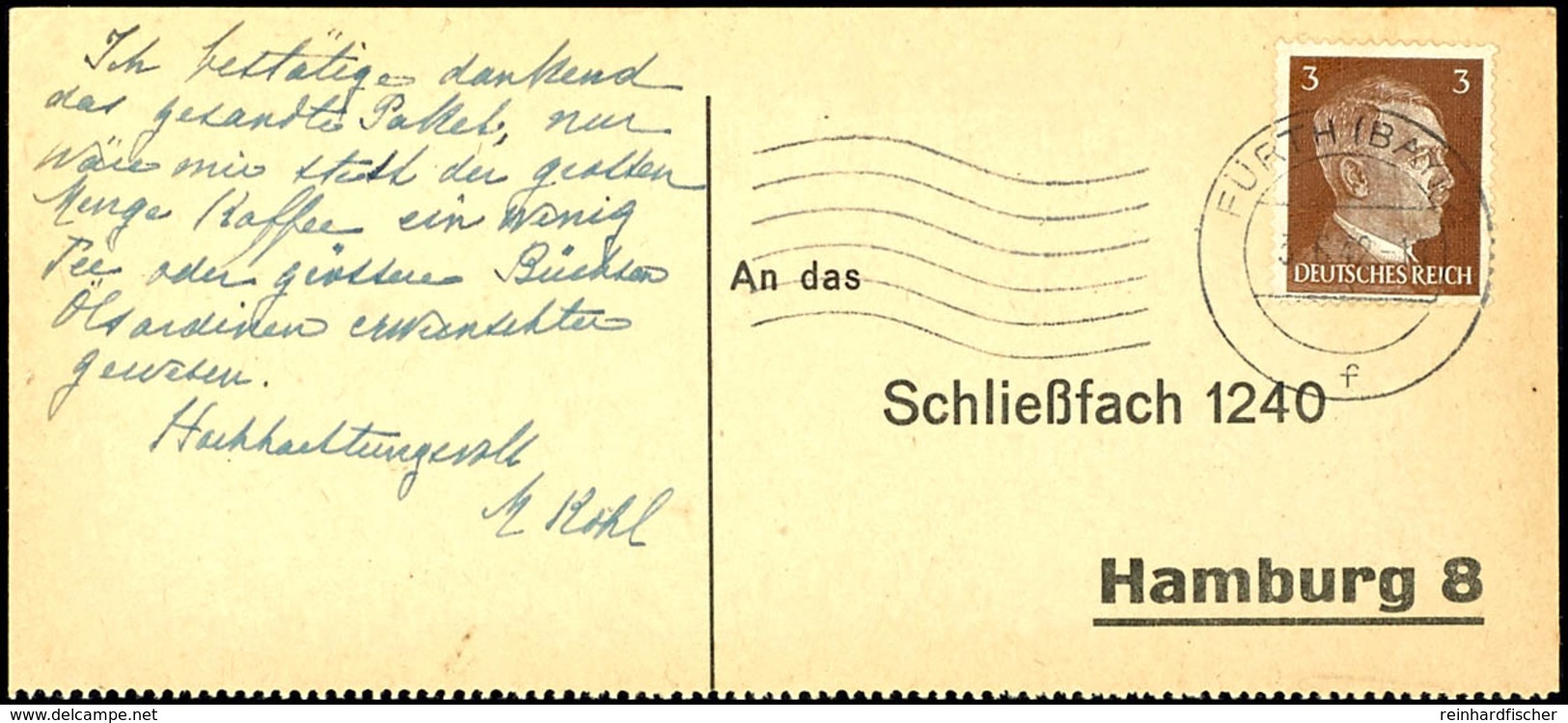 3 Pfg Hitler Auf Empfangsbestätigung Für Ein Sog. "Liebesgabenpaket" Mit Maschinenstempel "FÜRTH (BAY.) 3.6.42" Nach Ham - Other & Unclassified