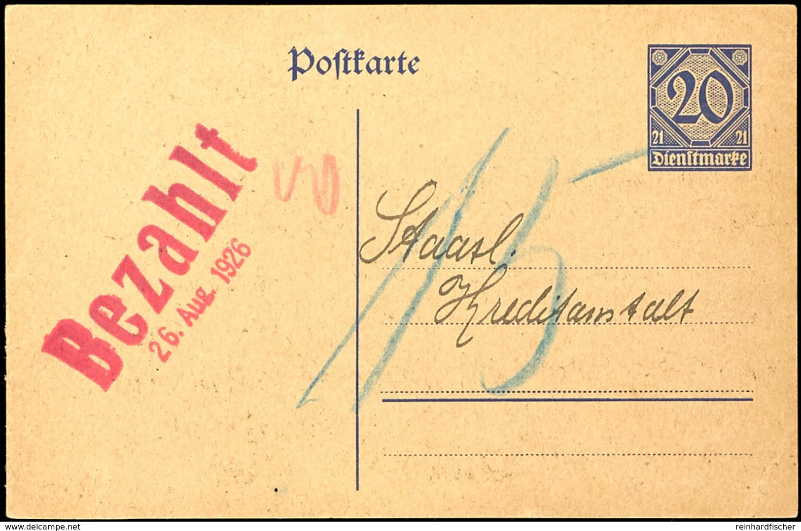 20 Pfg Ganzsachenpostkarte Im Ortsverkehr Von Oldenburg (26.8.1926), Mit Rückseitigem Vordruck Zur Einziehung Von Fehlpo - Autres & Non Classés