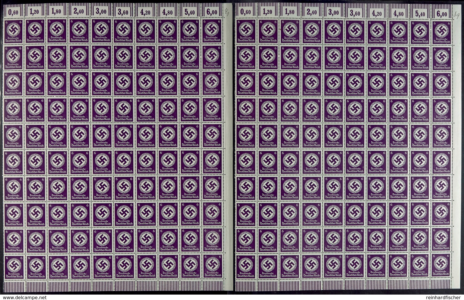 6 Pfg Schwärzlichpurpurviolett, 2 Walzendruck-Bogen Zu Je 100 Werten Ohne Linken Rand Mit OR '2'9'2, Je Tadellos Postfri - Altri & Non Classificati