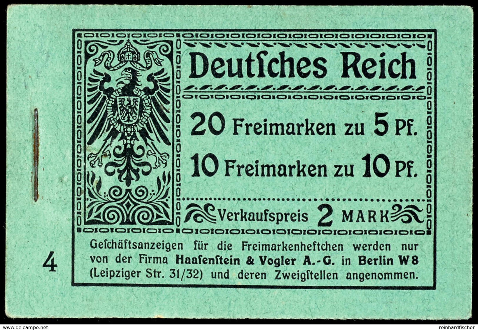 Germania 1911/12, Grüner Karton, Ordnungsnummer "4", Durchgezähnter Heftchenblattrand, Minimale Rostflecken Im Bereich D - Libretti