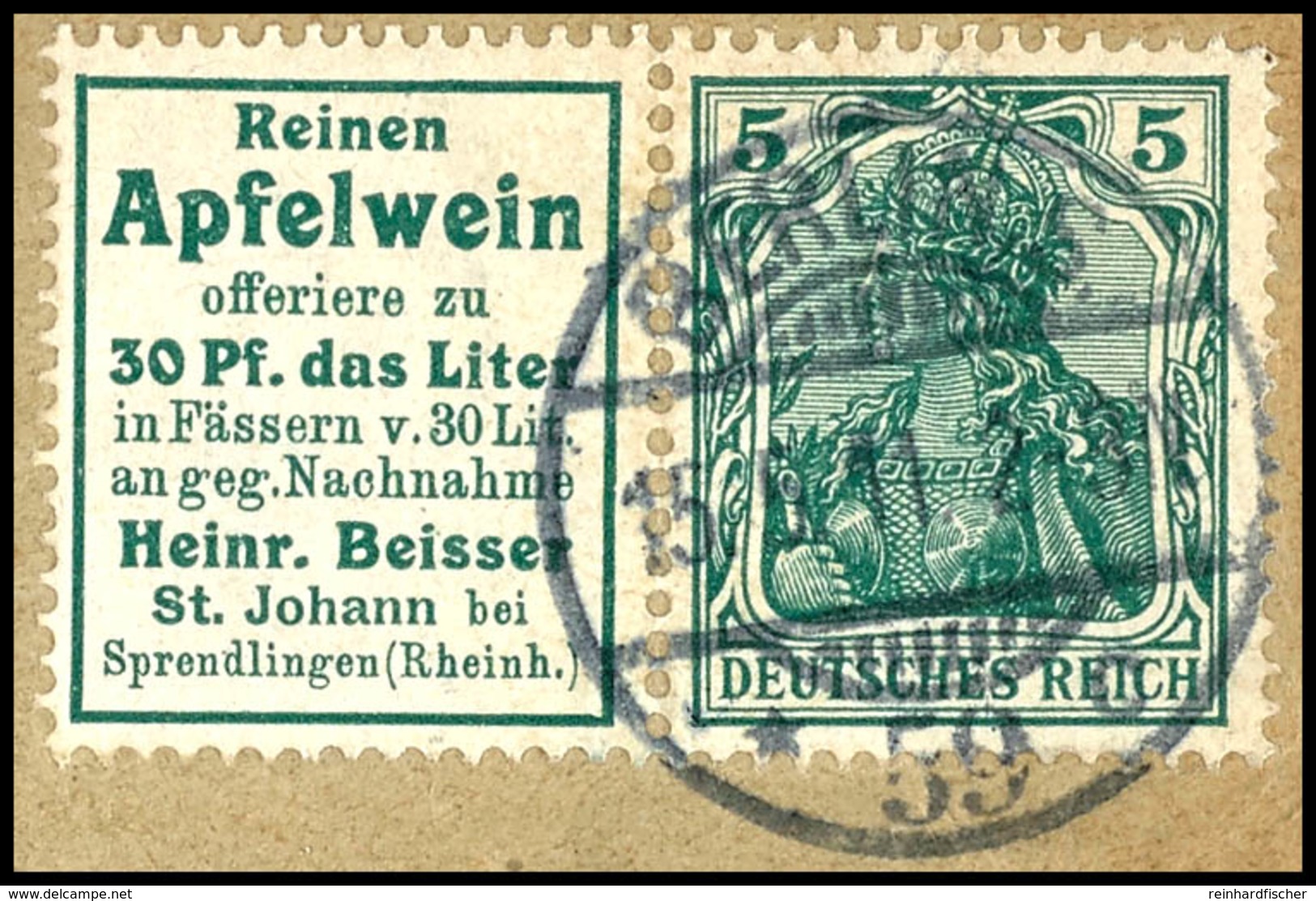 Germania 1911/12, Apfelwein H. Beisser + 5 Pfg Germania, Tadellos Gestempelt "Berlin 15.9.11" Auf Briefstück, Fotoattest - Sonstige & Ohne Zuordnung