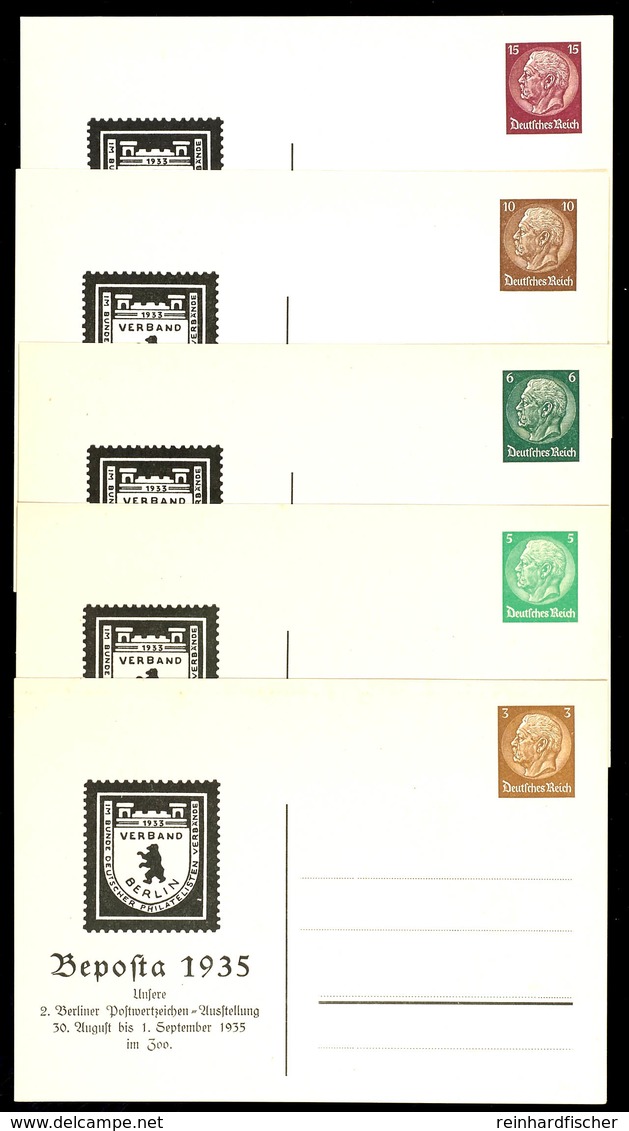 1935, 5 Privatganzsachen Zur "BEPOSTA",  3 - 15 Pf. Mit "Berliner Wappen", Ferch-Katalog PP 122C11, 126C6, 127 C11, 130  - Altri & Non Classificati