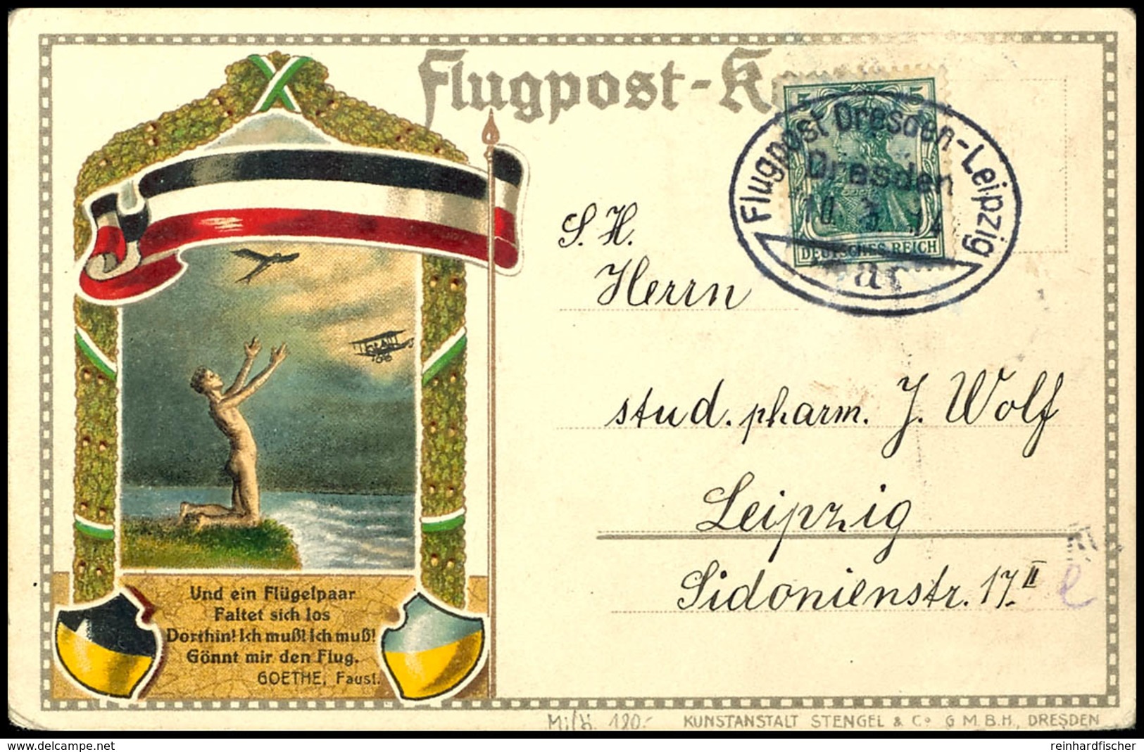 1914, Flugpost Dresden-Leipzig, Entsprechende Flugpost-Sonderkarte Mit 5 Pfg Germania Und Sonderstempel "Flugpost Dresde - Altri & Non Classificati