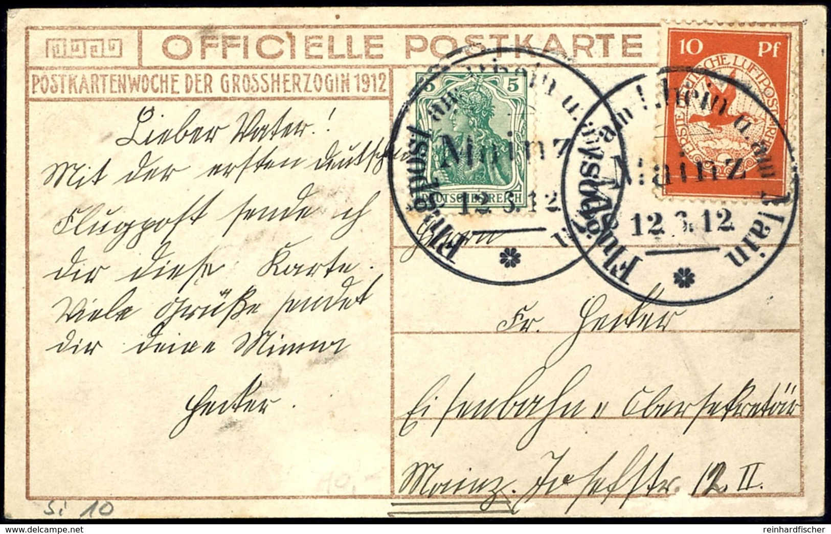 1912, 10 Pfg. Flugpost Am Rhein Und Main Auf Sonderkarte Postkartenwoche Der Großherzogin Mit Besserem SStpl. "MAINZ 12. - Sonstige & Ohne Zuordnung