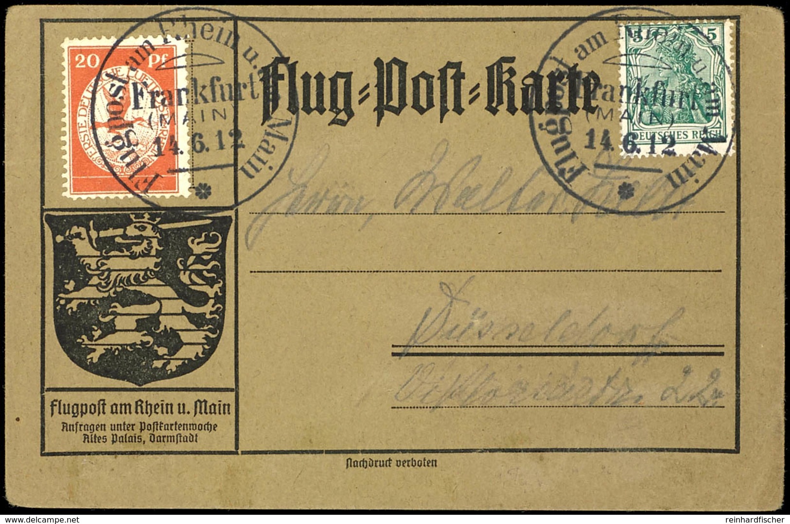 1912, 20 Pfg. Flugpost Am Rhein Und Main Auf Flugpostkarte Von "FRANKFURT 14.6.12" Nach Düsseldorf, Katalog: 11 BF - Altri & Non Classificati