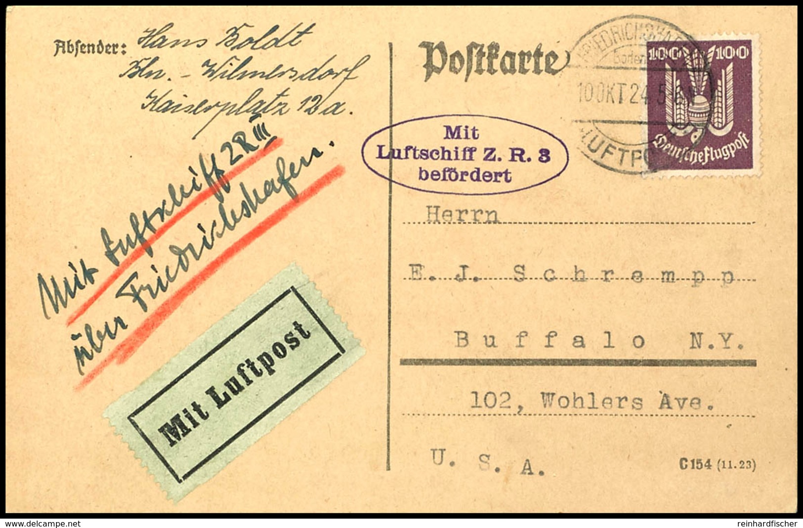 1924, Erste Zeppelin-Fahrt Nach Nordamerika, Karte Mit 100 Pfg Holztaube Von "FRIEDRICHSHAFEN LUFTPOST 10. OKT 1924" Nac - Sonstige & Ohne Zuordnung