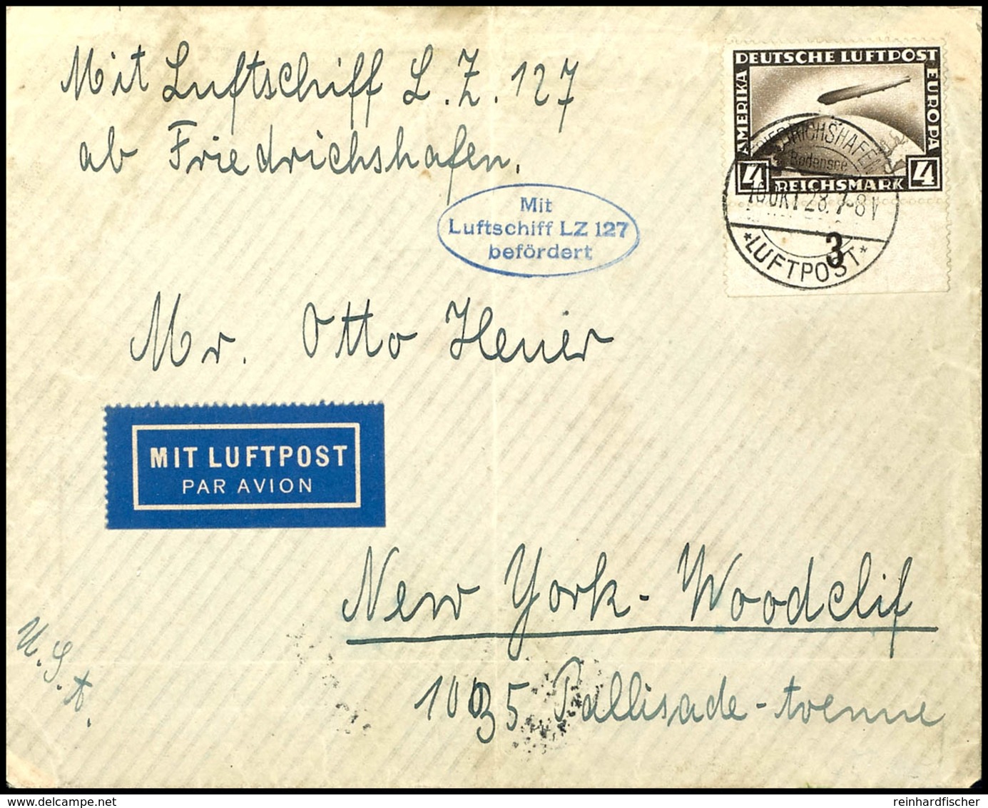 1928, Amerikafahrt, Brief Mit 4 RM. Zeppelin Mit Unterrand Von "FRIEDRICHSHAFEN LUFTPOST 10. OKT 28" Nach New York / USA - Autres & Non Classés