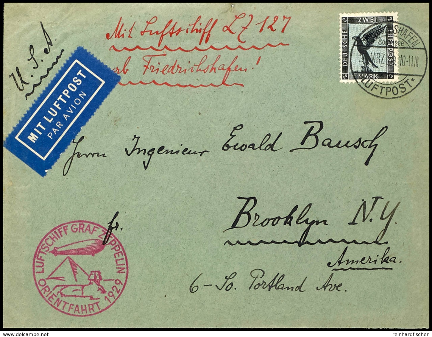 1929, Orientfahrt, Auflieferung Friedrichshafen Mit Sonderbestätigungsstempel In Type I, Brief Mit 2 M. Flugpost Adler M - Sonstige & Ohne Zuordnung