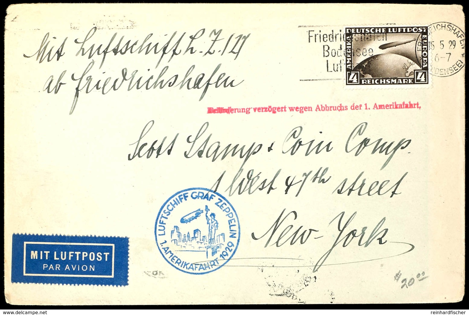 1929, 1. Amerikafahrt, Brief Mit Zeppelin 4 Mk. Und Verzögerungsstempel, Aufgabe Friedrichshafen Nach New--York, Kurzbef - Altri & Non Classificati