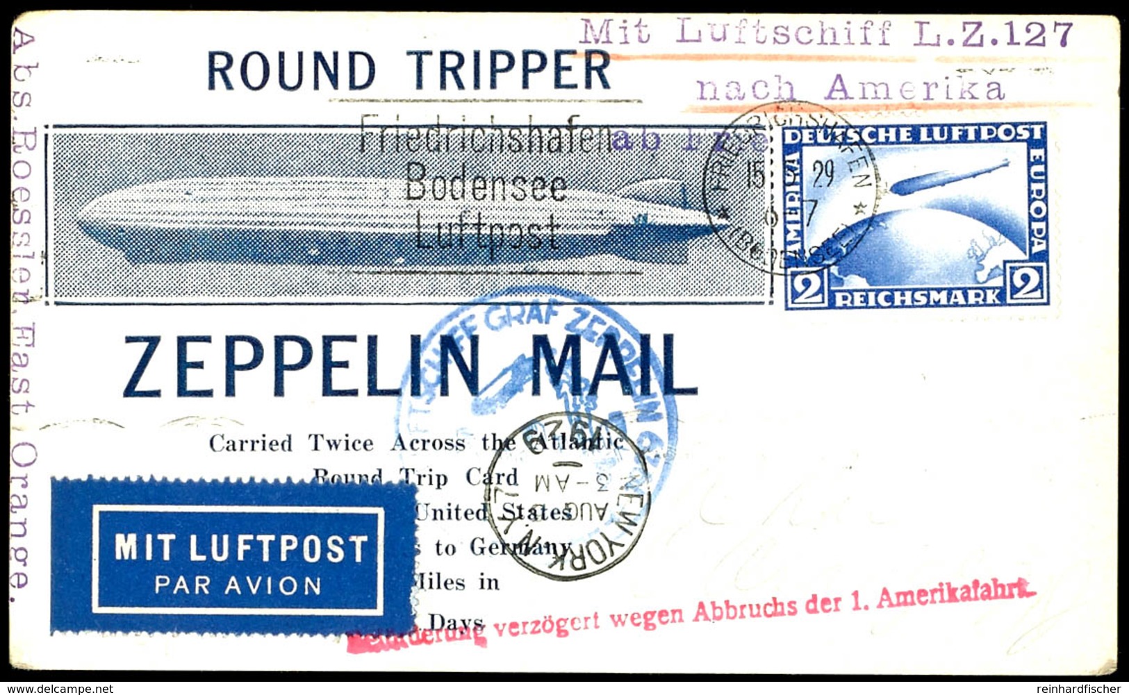 1929, Versuchte Amerikafahrt Mit Notlandung, Auflieferung Friedrichshafen, Karte Mit 2 RM. Zeppelin Mit Maschinenstempel - Sonstige & Ohne Zuordnung