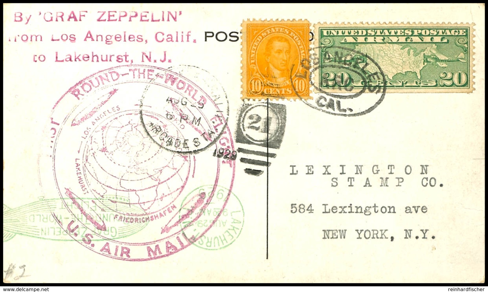 1929, Weltrundfahrt, Amerikanische Post, Los Angeles Bis Lakehurst, Bildpostkarte "Germanys Largest Airship, L.Z.127" Mi - Sonstige & Ohne Zuordnung