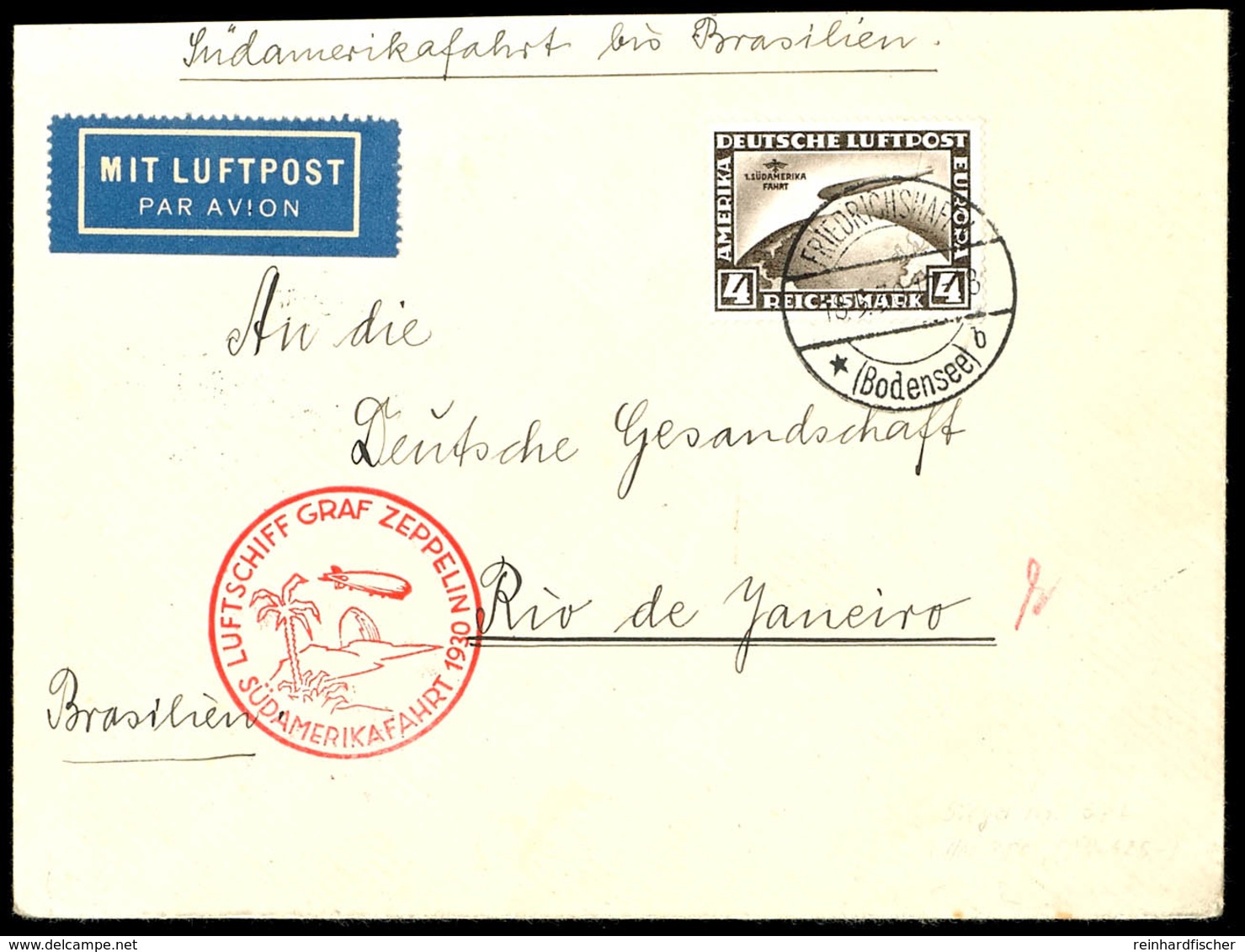 1930, 1. Südamerikafahrt, Auflieferung Friedrichshafen Bis Rio, Brief Mit 4 RM. Südamerikafahrt Von "FRIEDRICHSHAFEN 18. - Sonstige & Ohne Zuordnung