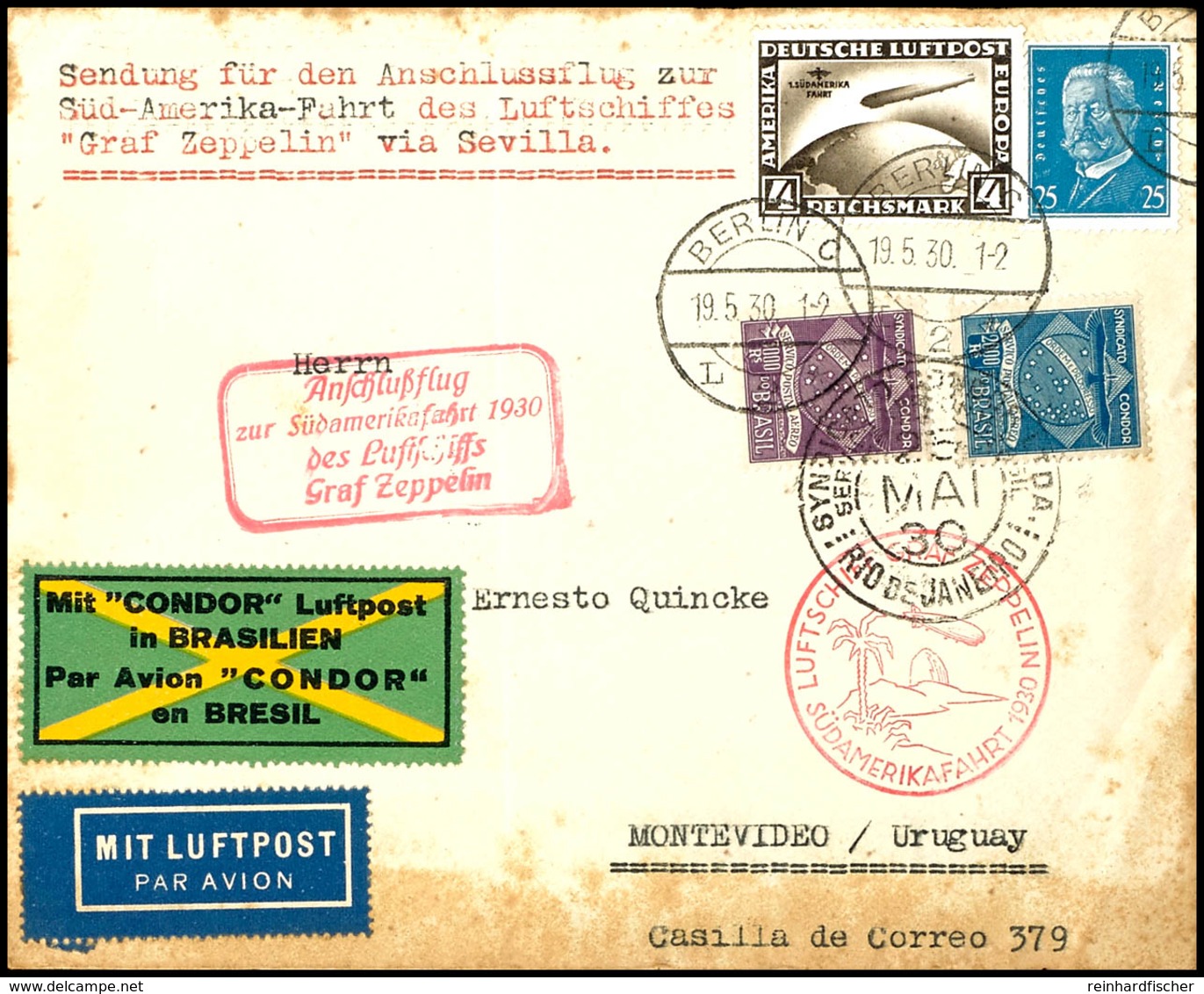 1930, Südamerikafahrt, Anschlussflug Ab Berlin Bis Rio, Brief Mit 4 RM. Südamerikafahrt Und 25 Pfg Reichspräsidenten Von - Other & Unclassified