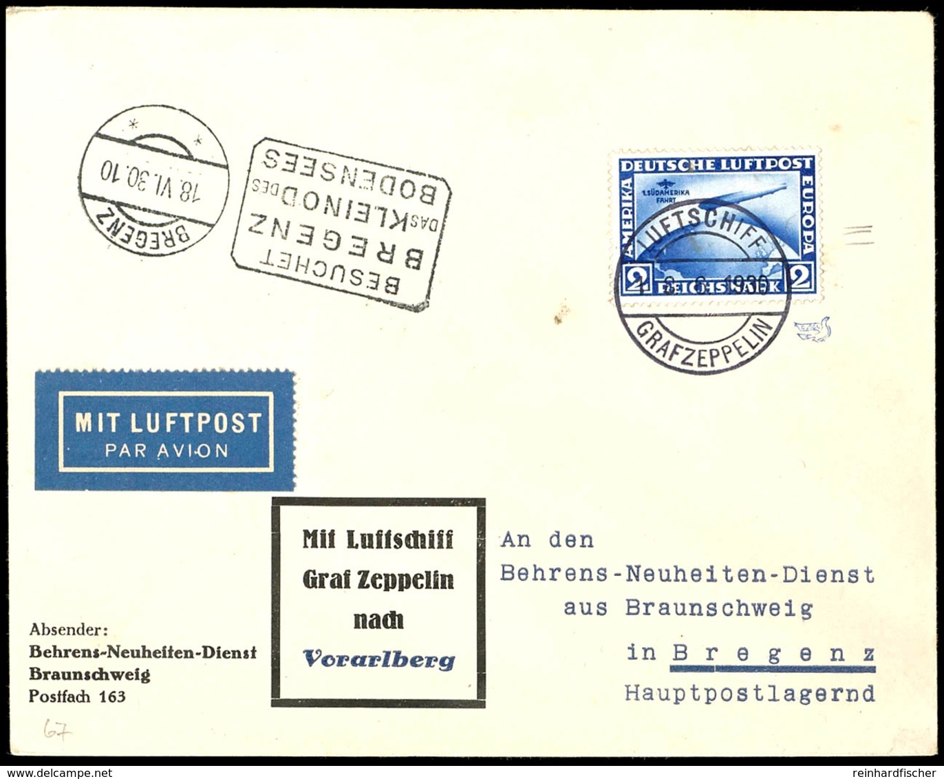 1928, Vorarlbergfahrt, Bordpost, Brief Mit 2 M. Südamerikafahrt Mit "LUFTSCHIFF GRAF ZEPPELIN 8.6.1930" Nach Bregenz Mit - Autres & Non Classés