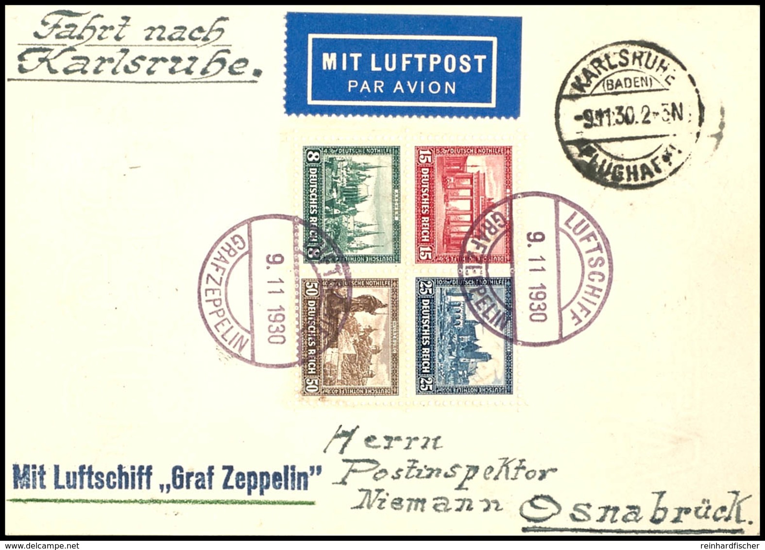 1930, Landungsfahrt Nach Karlsruhe, Bordpost Nach Karlsruhe, Bildpostkarte Mit IPOSTA-Block Und Rückseitiger 5 Pfg Hinde - Autres & Non Classés