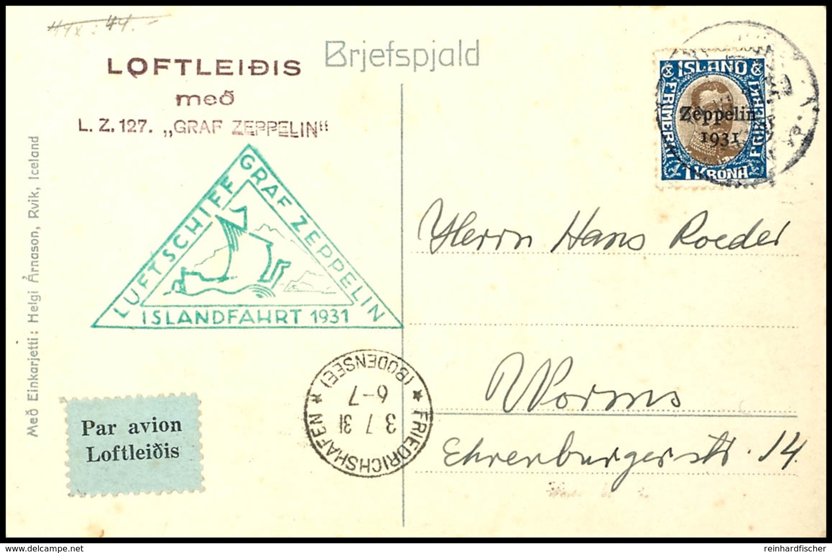 1931, Islandfahrt, Isländische Post, Fotokarte über "Zeppelin über Reykjavik" Mit 1 Kr. Zeppelinmarke Nach Worms Mit Ank - Other & Unclassified