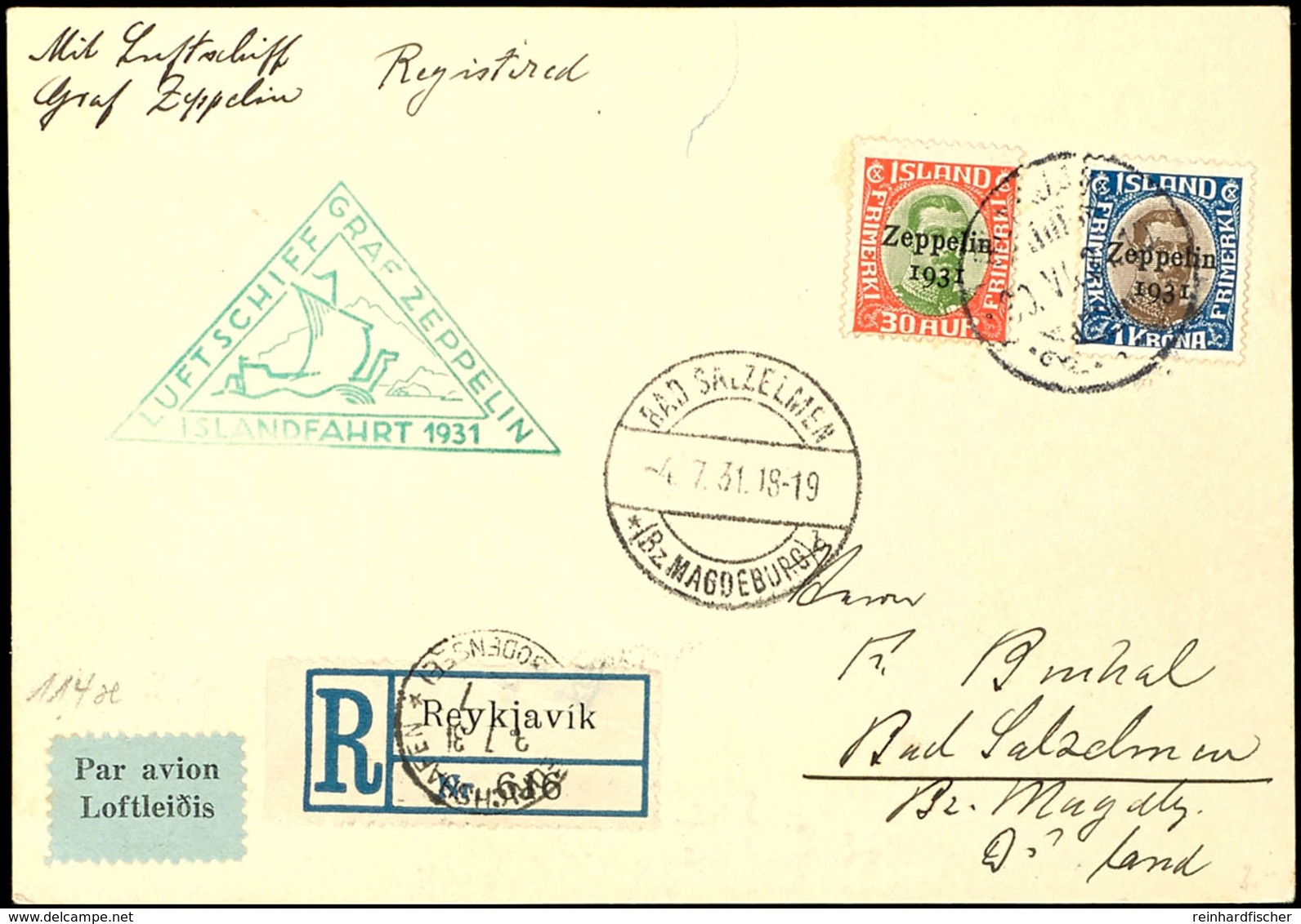 1931, Islandfahrt, Isländische Post, R-Karte Mit Beiden Sondermarken Nach Bad Salzelmen, Katalog: Si.114B BF - Sonstige & Ohne Zuordnung