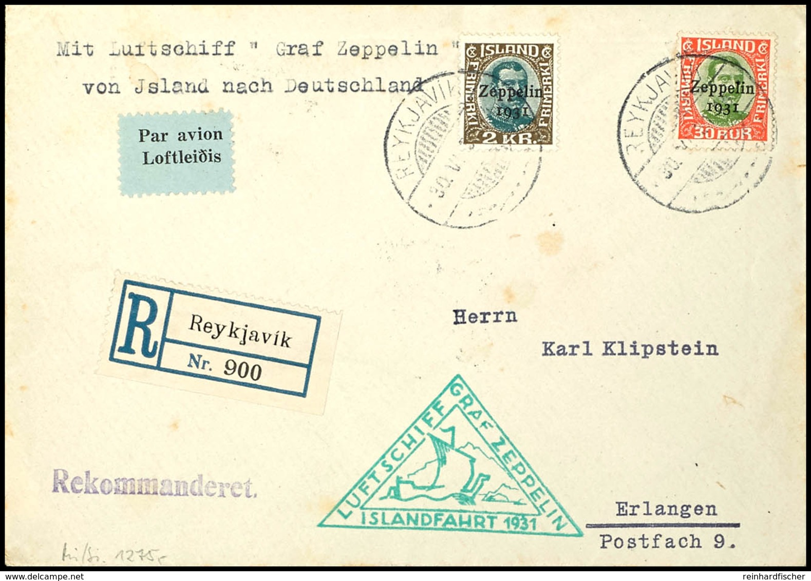 1931, Islandfahrt, Isländische Post, R-Brief Mit 2 Kr. Und 30 Aur. Zeppelinmarken Von "REYKJAVIC 30.VI.1931" Nach Erlang - Sonstige & Ohne Zuordnung