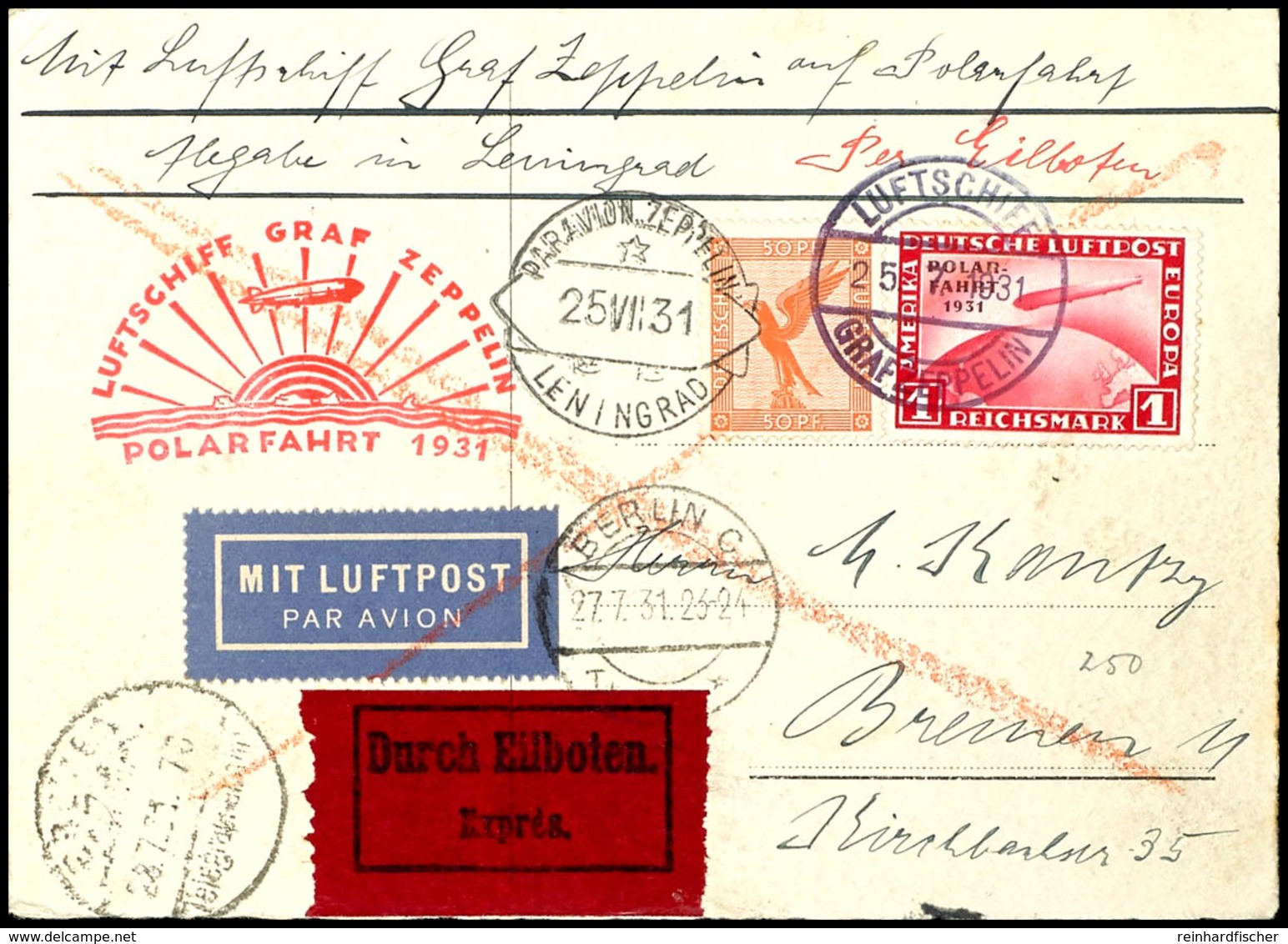 1931, Polarfahrt, Bordpost Bis Leningrad, Eilboten-Karte Mit 1 RM. Polarfahrt Und 50 Pfg Adler Mit Bordstempel "LUFTSCHI - Sonstige & Ohne Zuordnung