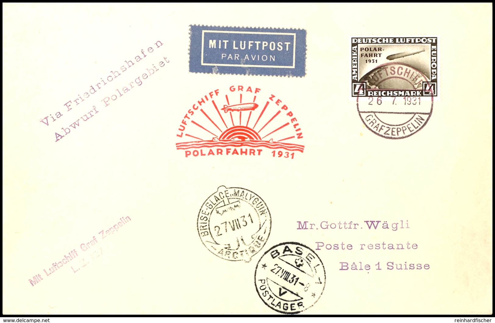 1931, Polarfahrt, Bordpost Bis Malyguin, Brief Mit 4 RM. Polarfahrt Mit "LUFTSCHIFF GRAF ZEPPELIN 26.7.1931" Nach Basel/ - Sonstige & Ohne Zuordnung