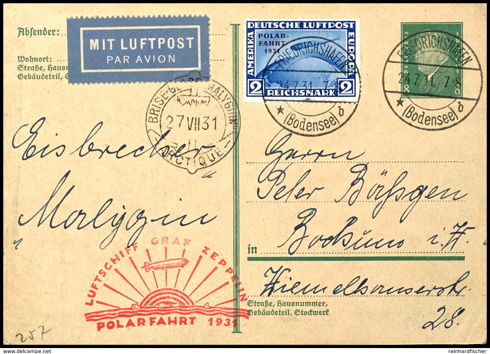 1931, Polarfahrt, Auflieferung Friedrichshafen Bis Malyguin, Ganzsachenkarte 8 Pfg Ebert Mit 2 RM. Polarfahrt Von "FRIED - Sonstige & Ohne Zuordnung