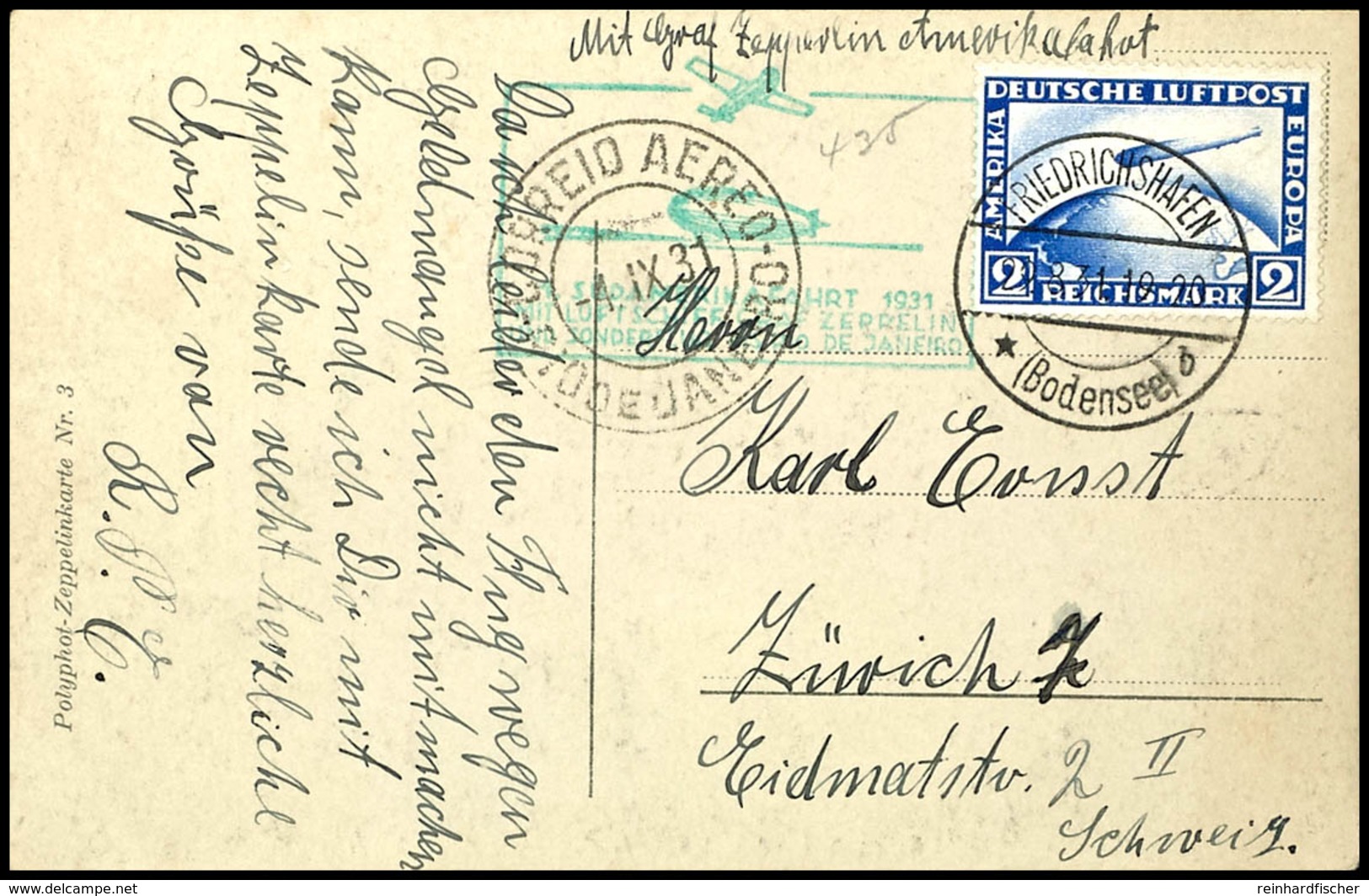 1931, 1. Südamerikafahrt, Auflieferung Friedrichshafen Bis Rio De Janeiro, Bildpostkarte "Graf Zeppelin" Mit 2 RM. Zeppe - Altri & Non Classificati