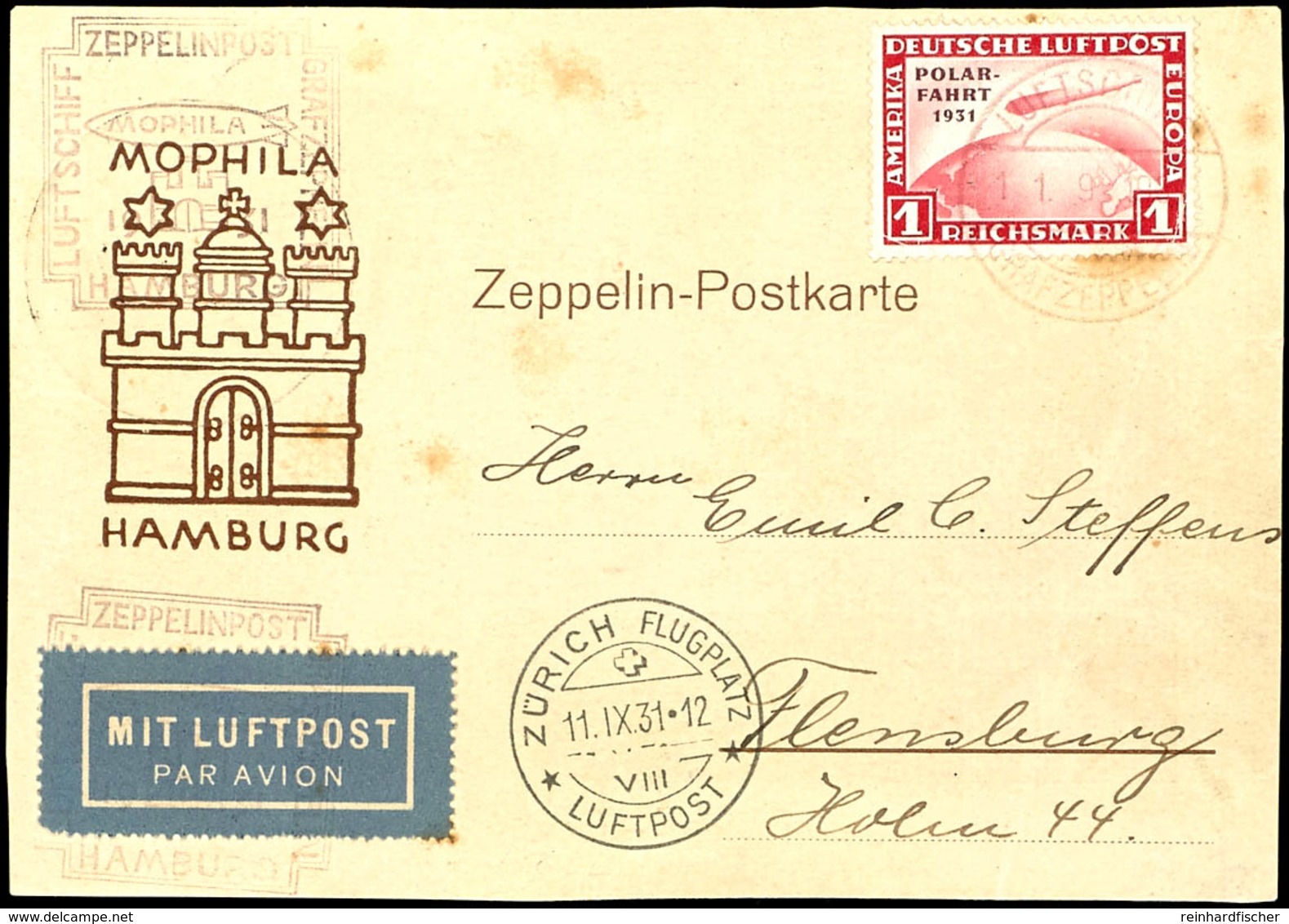 1931, Zürichfahrt, Bordpost Mit Zusatzstempel Der "MOPHILA Hamburg", Ansichtskarte "Abfertigung Der Post Für Das Luftsch - Sonstige & Ohne Zuordnung