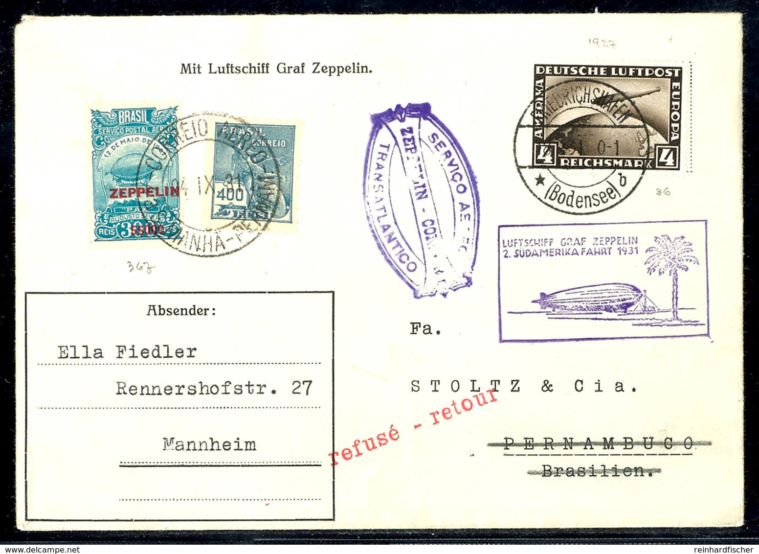 1931, 2. Südamerikafahrt, Hin- Und Rückfahrt, Brief Mit 4 RM. Zeppelin Von "FRIEDRICHSHAFEN 18.9.31" Nach Pernambuco Und - Sonstige & Ohne Zuordnung