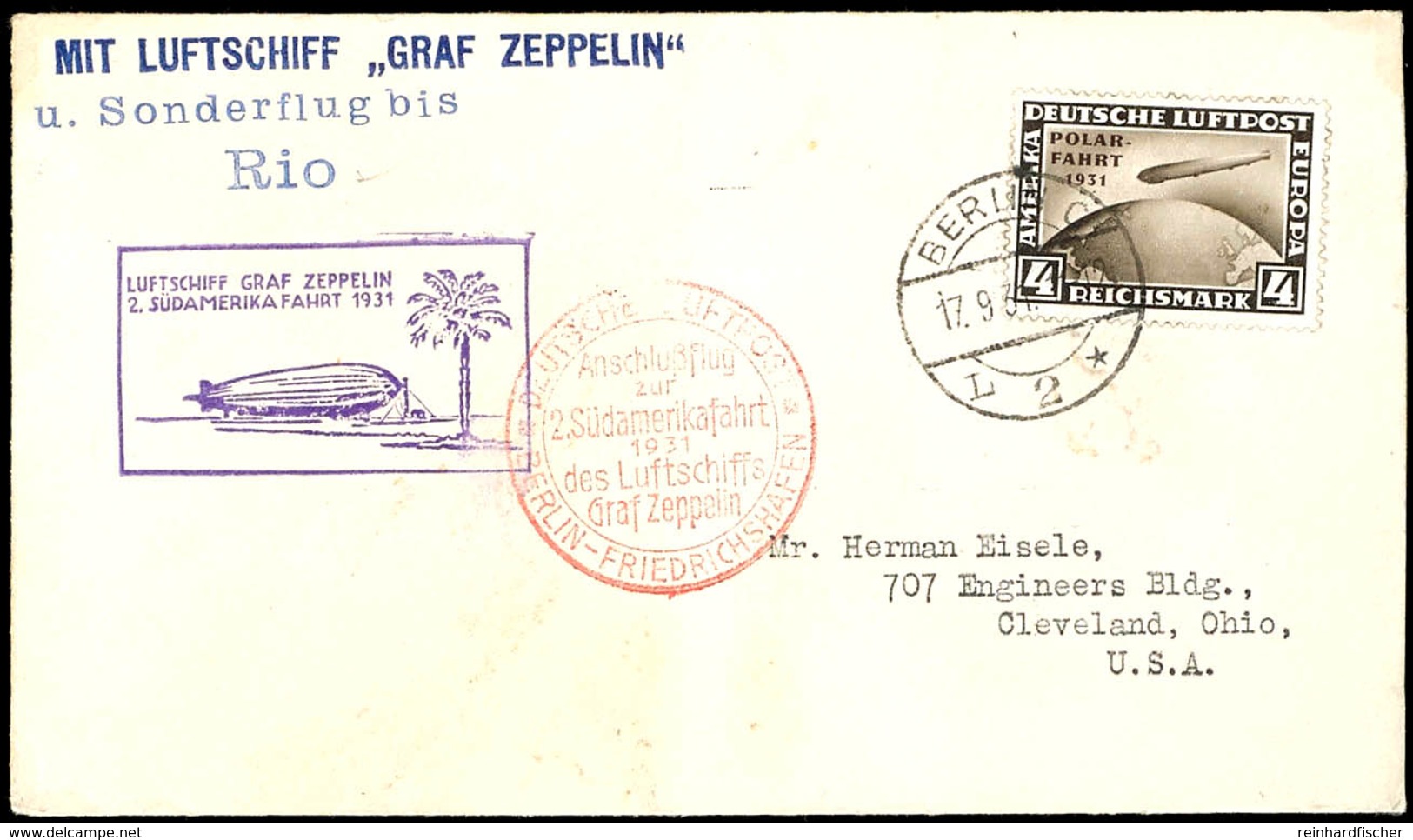 1931, 2. Südamerikafahrt, Anschlussflug Berlin Bis Brasilien, Brief Mit 4 RM. Polarfahrt Von "BERLIN C 17.9.31" Nach Cle - Sonstige & Ohne Zuordnung