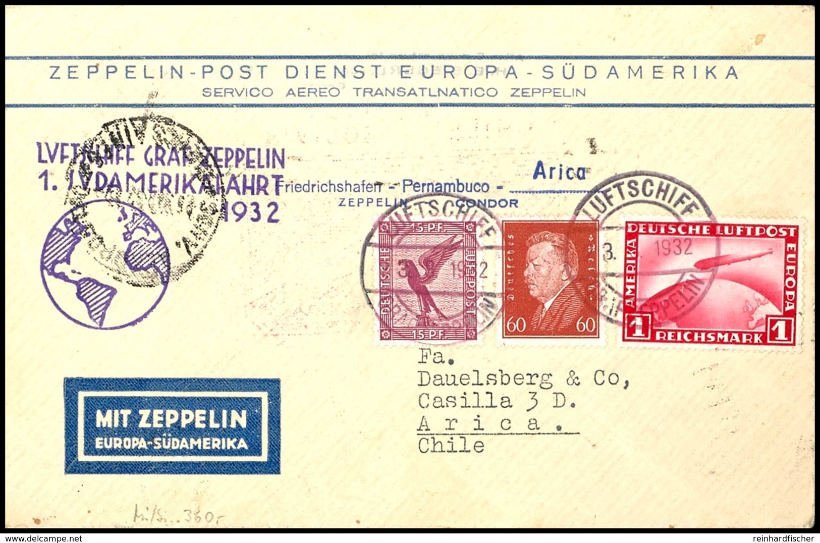 1932, 1. Südamerikafahrt, Bordpost Hinfahrt, Brief Mit 1 Rm. Zeppelin, 15 Pfg Adler Und 60 Pfg Reichspräsidenten Mit Bor - Sonstige & Ohne Zuordnung