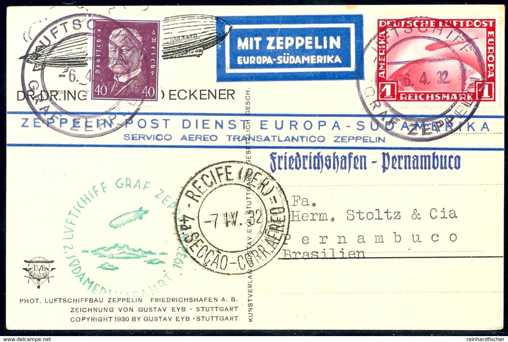 1932, 2. Südamerikafahrt, Bordpost Hinfahrt, Bildpostkarte Ing. Eckener Mit 1 RM Zeppelin Und 40 Pfg Reichspräsidenten V - Autres & Non Classés