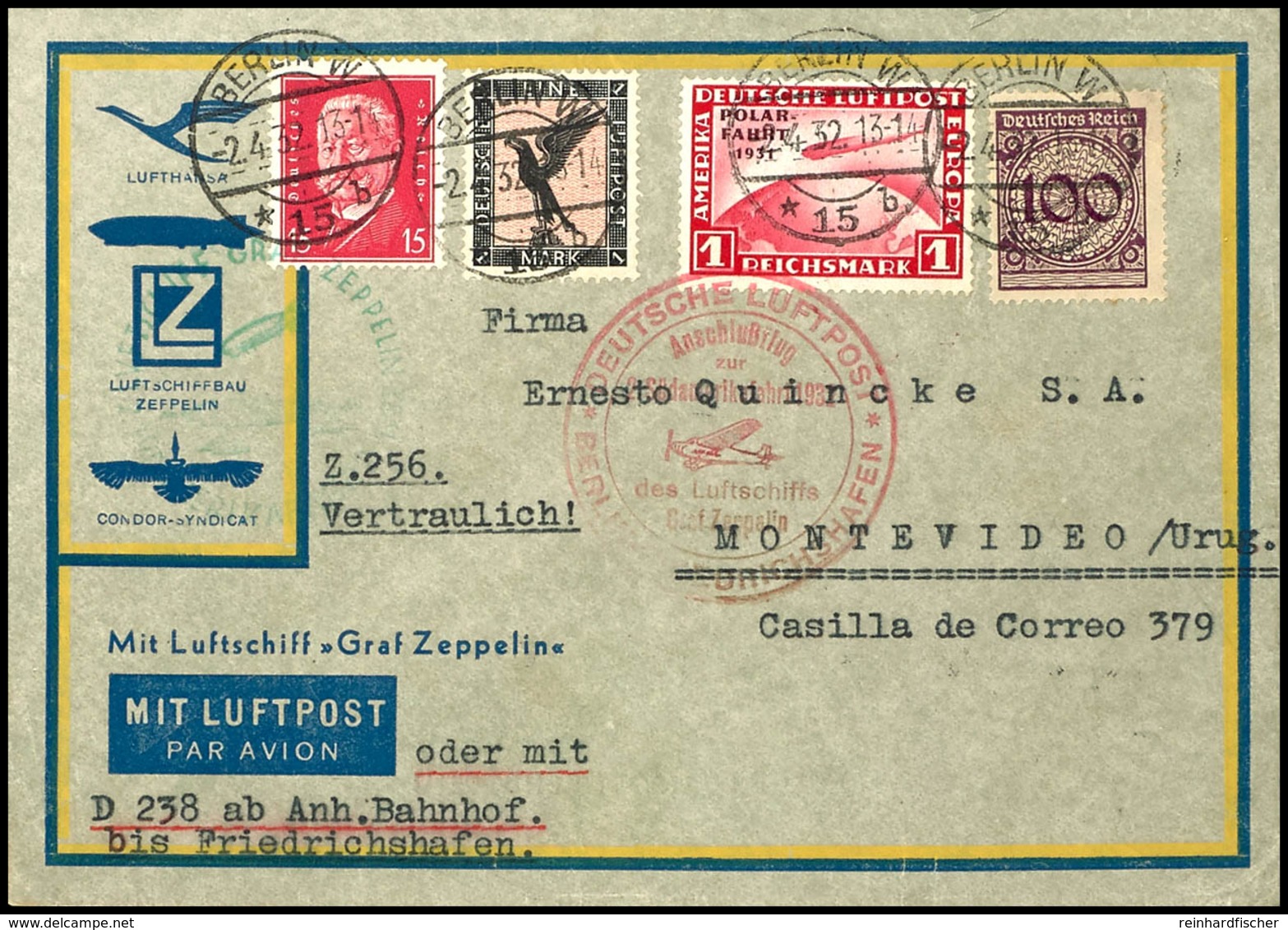 1932, 2. Südamerikafahrt, Anschlussflug Ab Berlin, Brief Mit 1 RM. Polarfahrt In Bunter Mischfrankatur Von "BERLIN W 2.4 - Autres & Non Classés