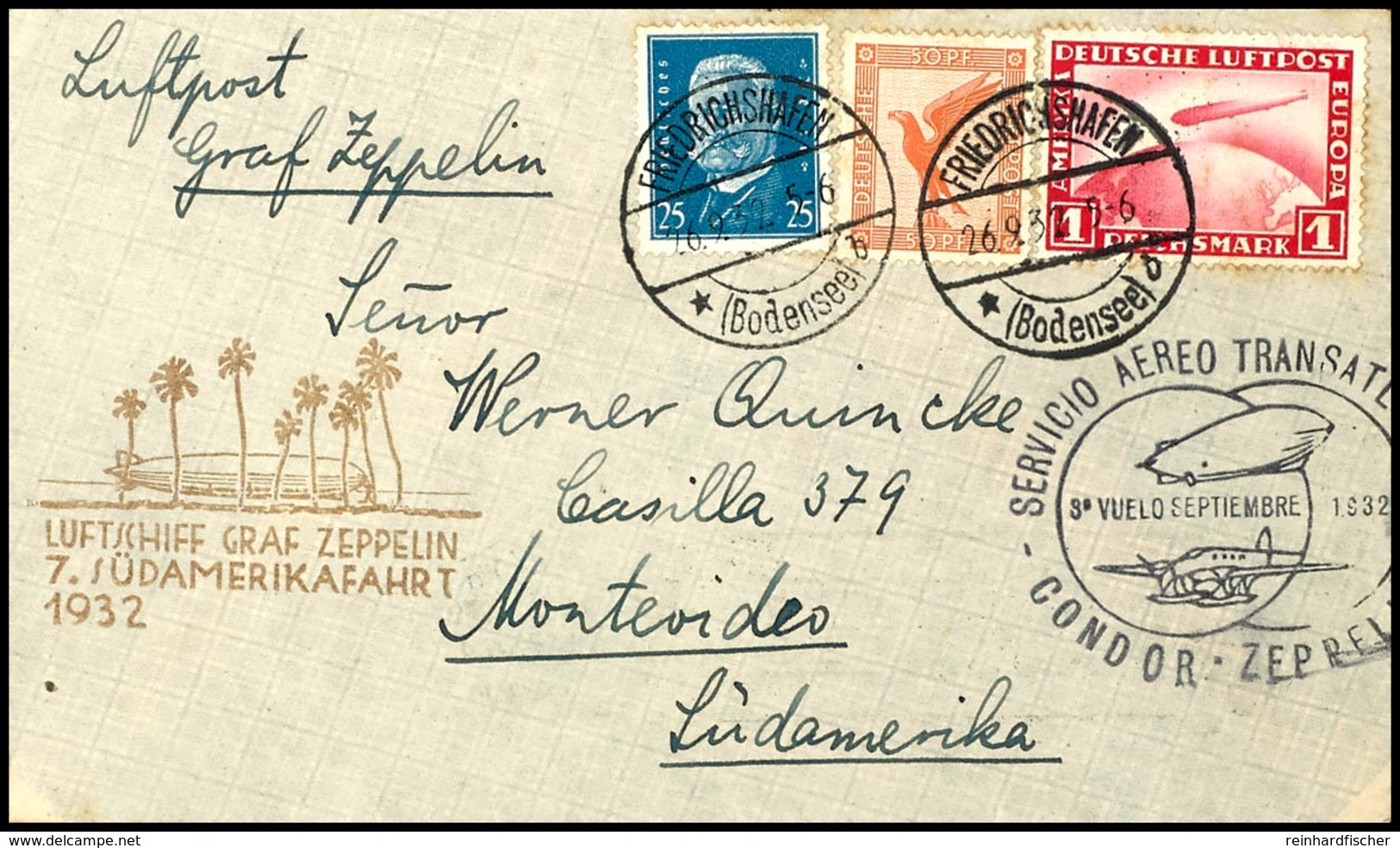 1932, 7. Südamerikafahrt, Auflieferung Friedrichshafen, Brief Mit 1 RM. Zeppelin, 50 Pfg Adler Und 25 Pfg Reichspräsiden - Altri & Non Classificati