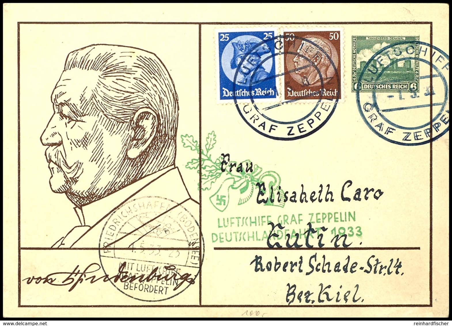 1933, Deutschlandfahrt Bordpost, Privatganzsachenkarte 6 + 4 Pfg Nothilfe Mit 25 Pfg Fredericus Und 50 Pfg Hindenburg Mi - Other & Unclassified