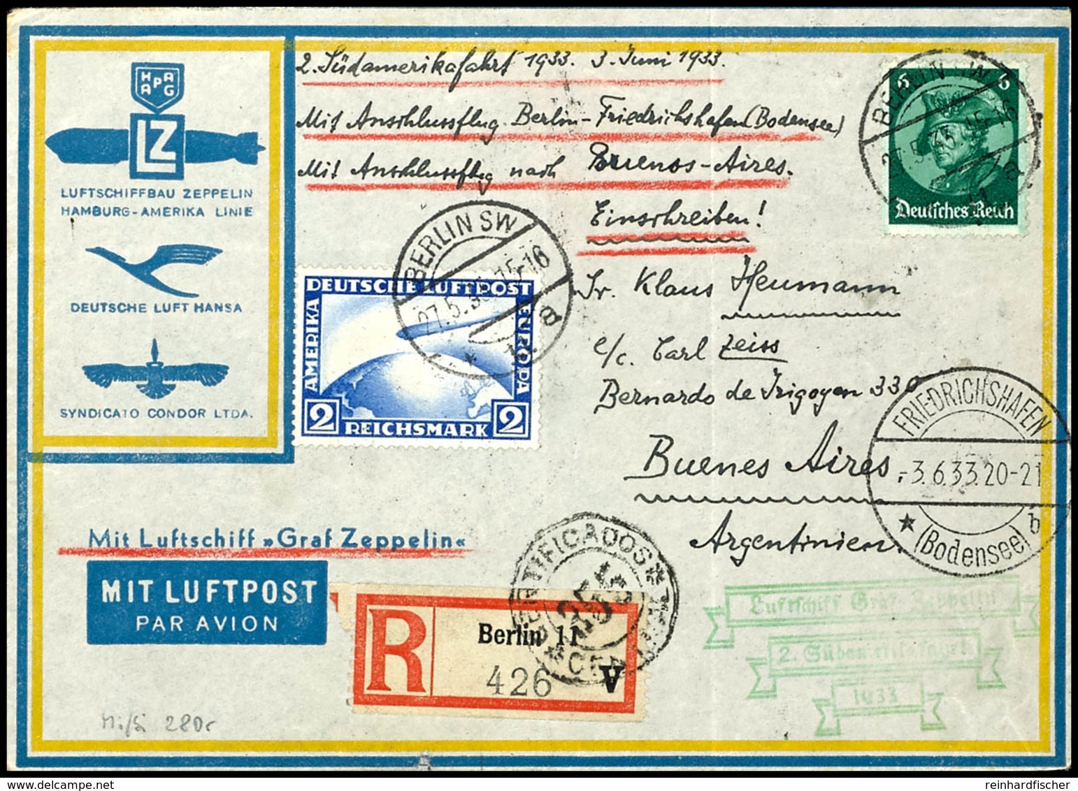 1933, 2. Südamerikafahrt, Auflieferung Friedrichshafen, R-Brief Mit 2 RM Zeppelin Und 6 Pfg Fredericus Von "BERLIN SW 27 - Sonstige & Ohne Zuordnung