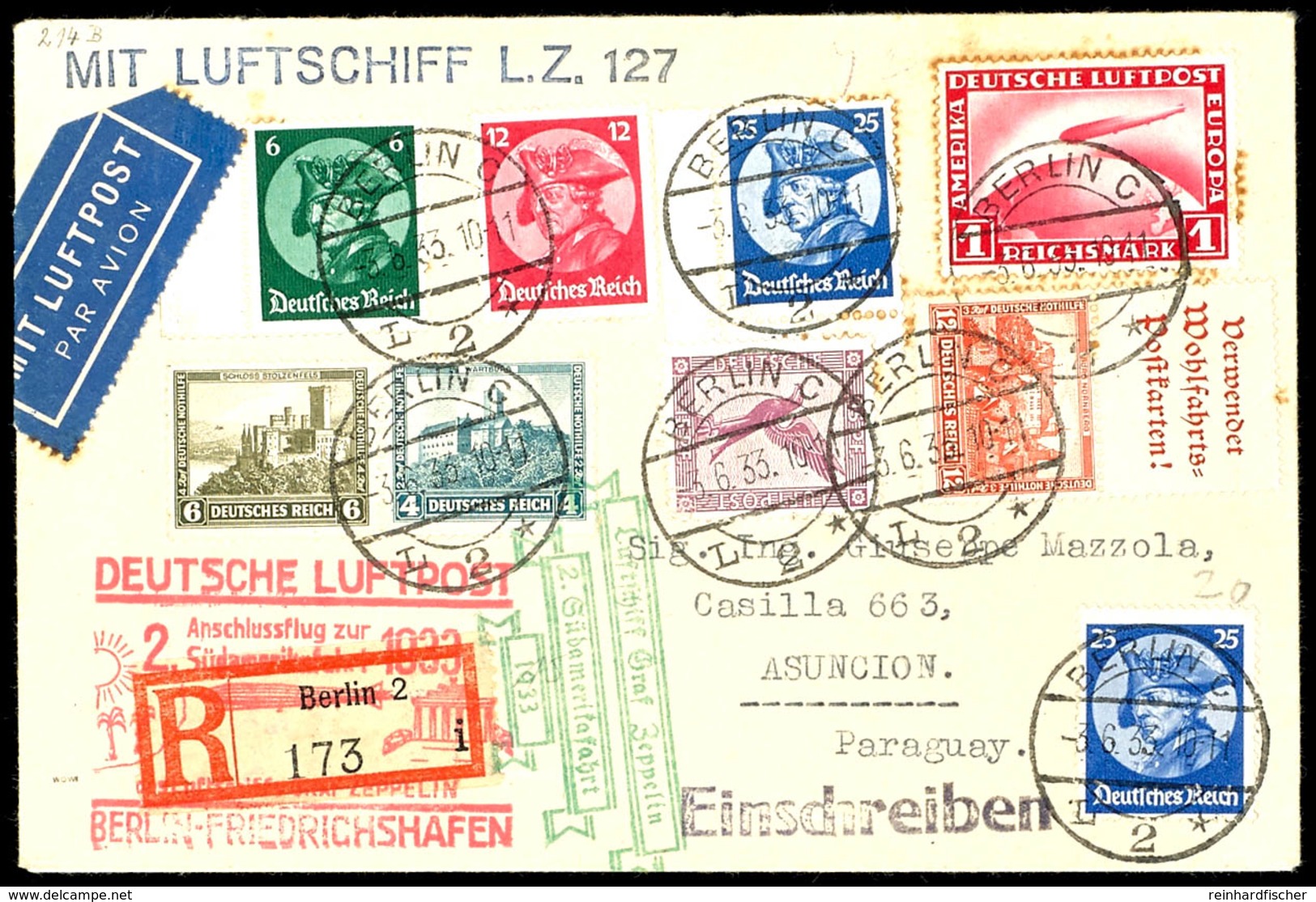 1933, 2. Südamerikafahrt, Anschlussflug Ab Berlin, R-Brief Mit Dekorativer Buntfrankatur, Dabei 1 RM. Zeppelin Und Frede - Altri & Non Classificati