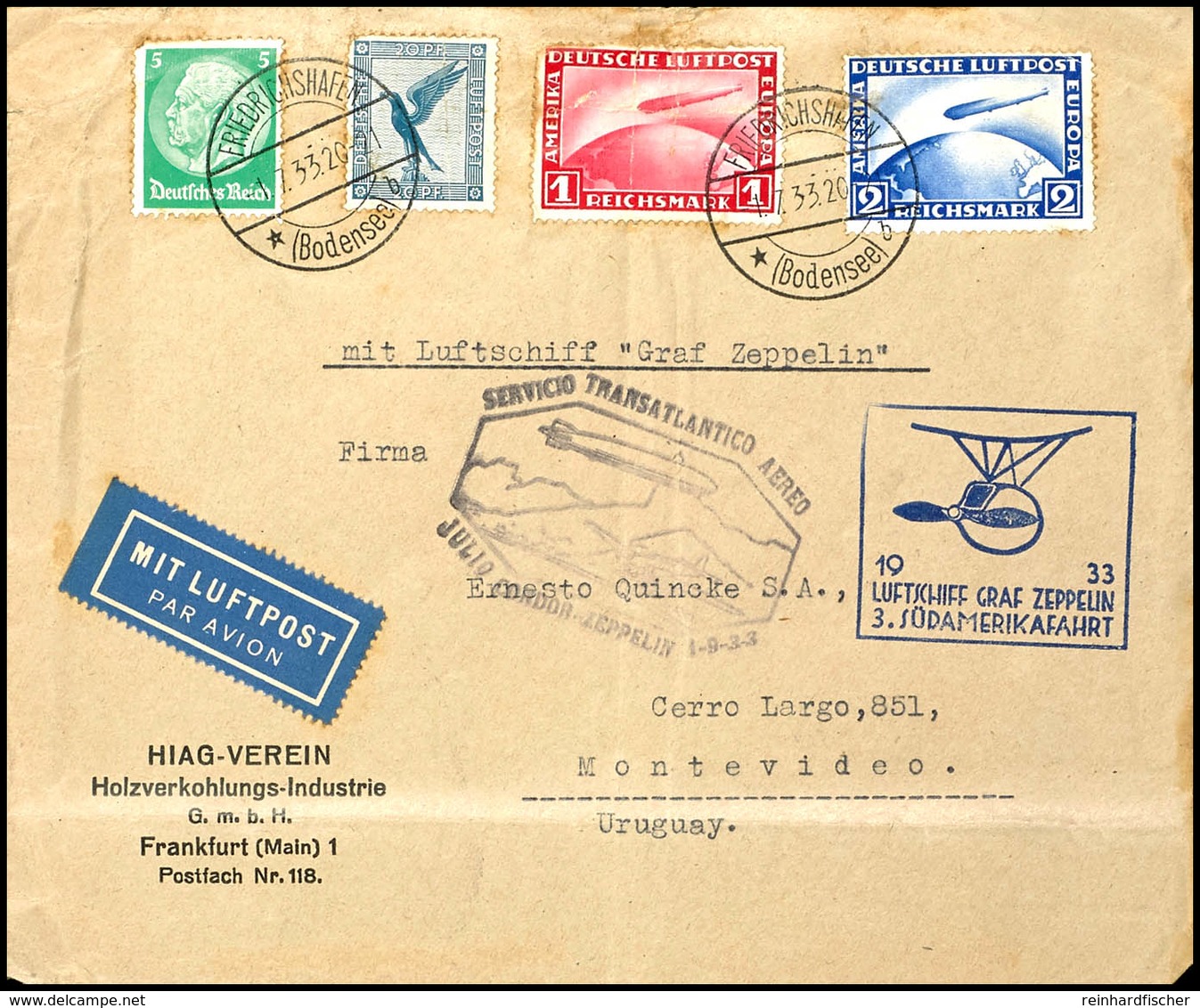 1933, 3. Südamerikafahrt, Auflieferung Friedrichshafen, Brief Mit 1 Und 2 RM. Zeppelin Sowie 20 Pfg Adler Und 5 Pfg Hind - Sonstige & Ohne Zuordnung