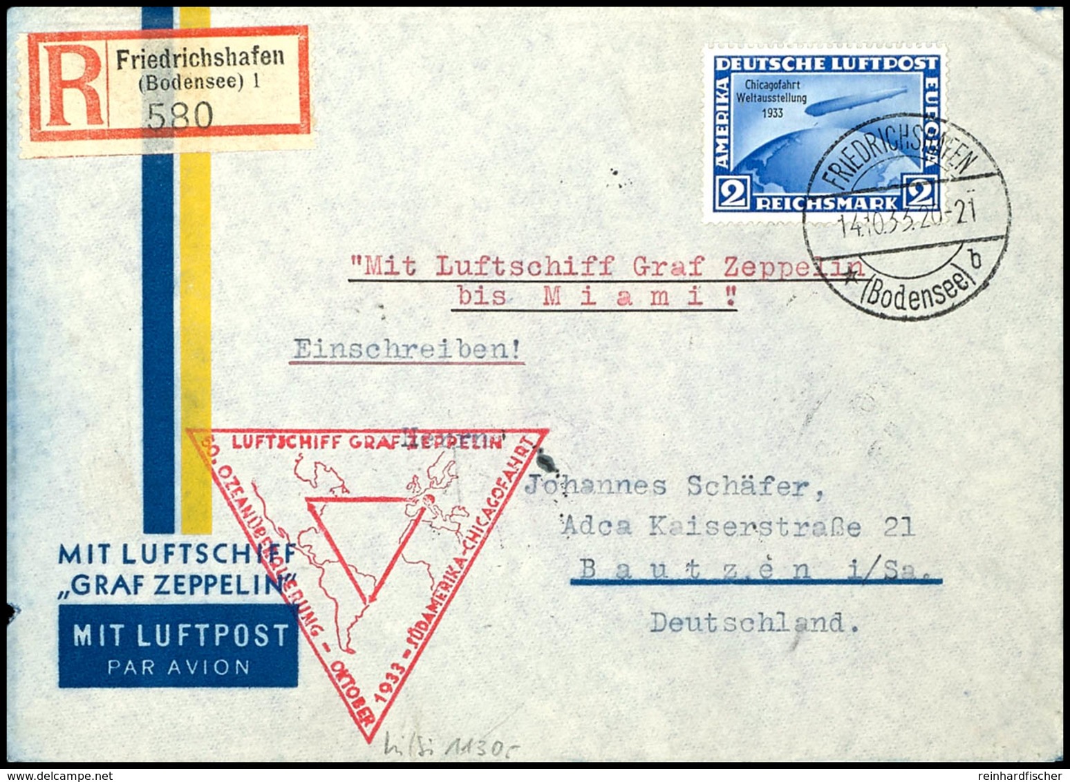 1933, Chicagofahrt, Auflieferung Friedrichshafen Bis Miami, R-Brief Mit 2 RM. Chicagofahrt Vorderseitig Und Zusammendruc - Altri & Non Classificati