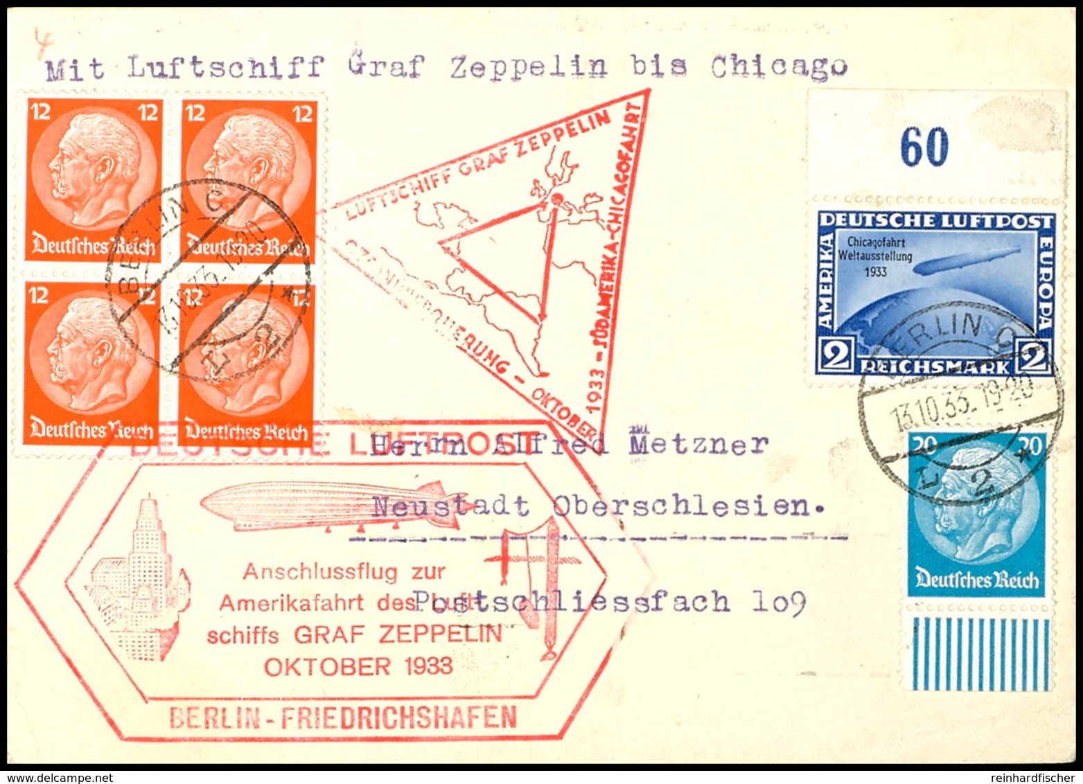1933, Chicagofahrt, Anschlussflug Am Berlin, Karte Mit 2 RM Chicagofahrt Mit Oberrand Zusammen Mit 4er-Block 12 Pfg Hind - Sonstige & Ohne Zuordnung