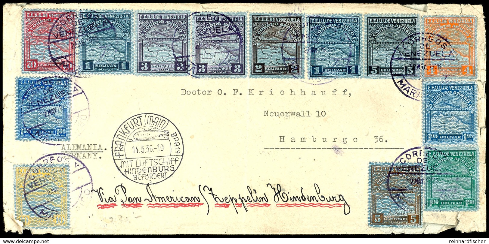 1936, 1. Nordamerikafahrt, Venezuelanische Post, Brief Mit Bunter Frankatur Mit 18 Werten Aus 5 C. - 5 B. Luftpost Vorde - Autres & Non Classés