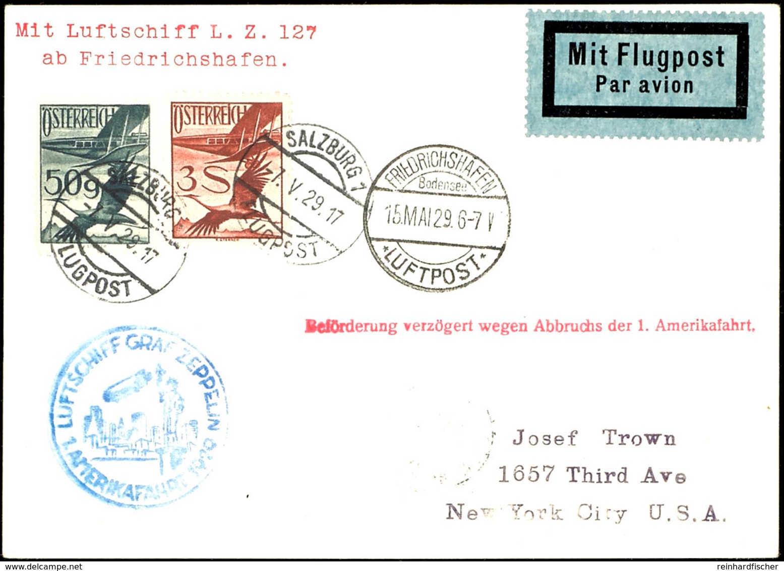 ÖSTERREICH: 1929, Versuchte Amerikafahrt, Auflieferung Friedrichshafen, Karte Mit 50 G Und 3 S. Flugpost Von "SALZBURG 7 - Autres & Non Classés