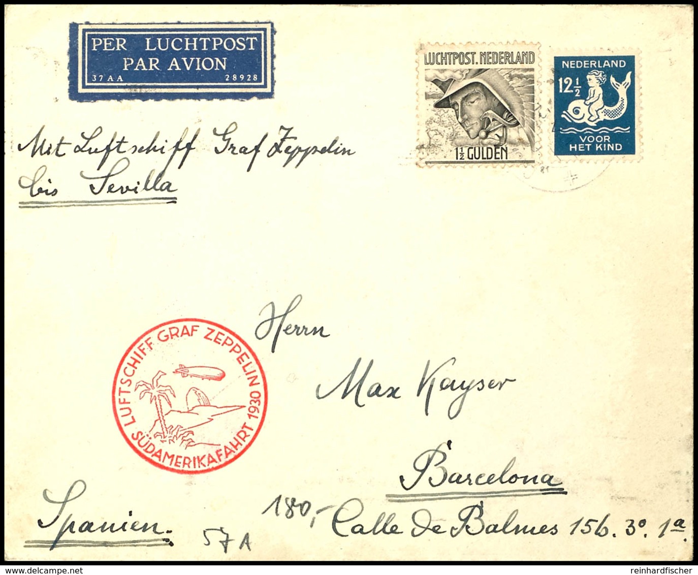 NIEDERLANDE: 1930, Südamerikafahrt, Friedrichshafen Nach Sevilla, Brief Mit 1 1/2 G. Luftpost Und 12 1/2 C. Freimarke Na - Other & Unclassified