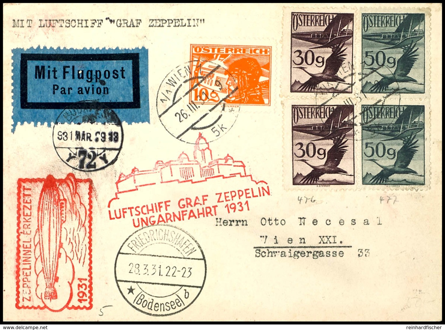 ÖSTERREICH: 1931, Landungsfahrt Nach Ungarn, Auflieferung Friedrichshafen, Karte Mit 10, 30(2) Und 50(2) G Flugpost Von  - Altri & Non Classificati