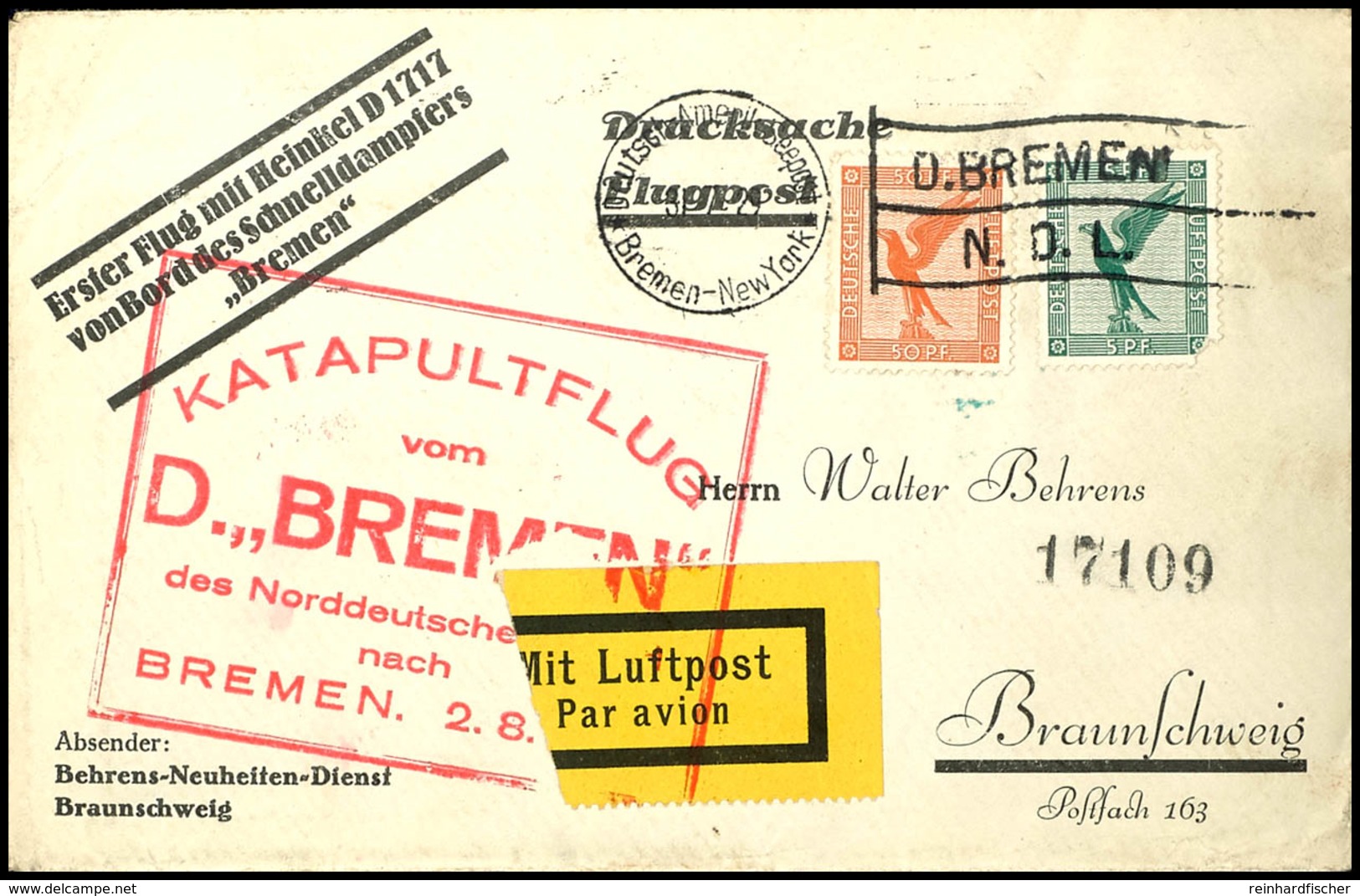 50 Pfg Und 5 Pfg Adler Auf Katapultflugbrief (Drucksache) Vom Dampfer Bremen Mit Maschinenstempel "Deutsch-Amerikanische - Altri & Non Classificati