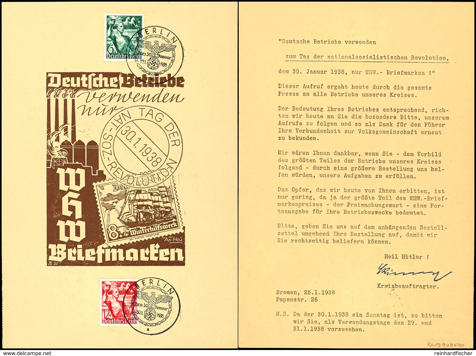 1938, "Deutsche Betriebe", WHW-Gedenkblatt, Frankiert Mit MiNr. 660/61 Und SST "Berlin 30.1.38", Rücks. Text Vom Kreisbe - Other & Unclassified