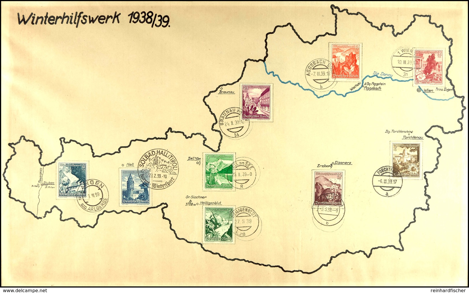 1938, Gedenkblatt "Winterhilfswerk 1938/39", Als Landkarte Gestaltetes Blatt Mit MiNr. 675 638 Frankiert An 9 Versch. Or - Sonstige & Ohne Zuordnung