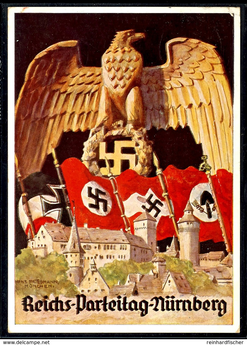 1936, Reichsparteitag Nürnberg Mit Ansicht Hoheitsadler U. Div. Fahnen, Color, Echt Gelaufene Color-Karte Mit Entspr. Ta - Other & Unclassified