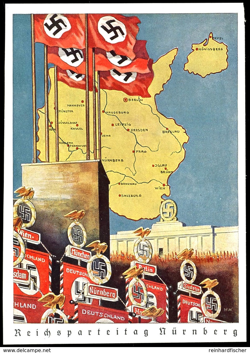 1939, Reichsparteitag, Fahnen Vor Landkarte, Späte Color Propagandakarte, (wegen Kriegsbeginns) Nicht Mehr Verausgabt, S - Autres & Non Classés